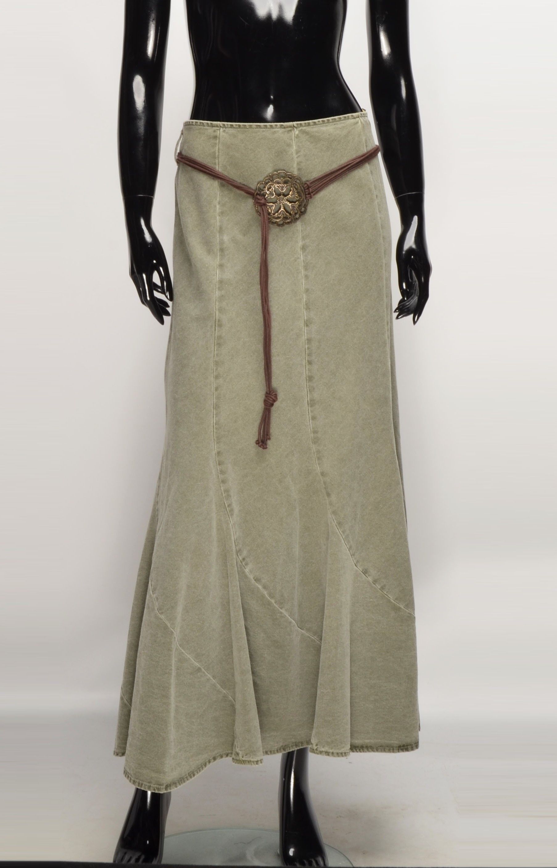 Vintage Per Una Y2K Boho Khaki Flared Midi Skirt with Braided Belt Size 30" / US 8 / IT 44 - 2 Thumbnail