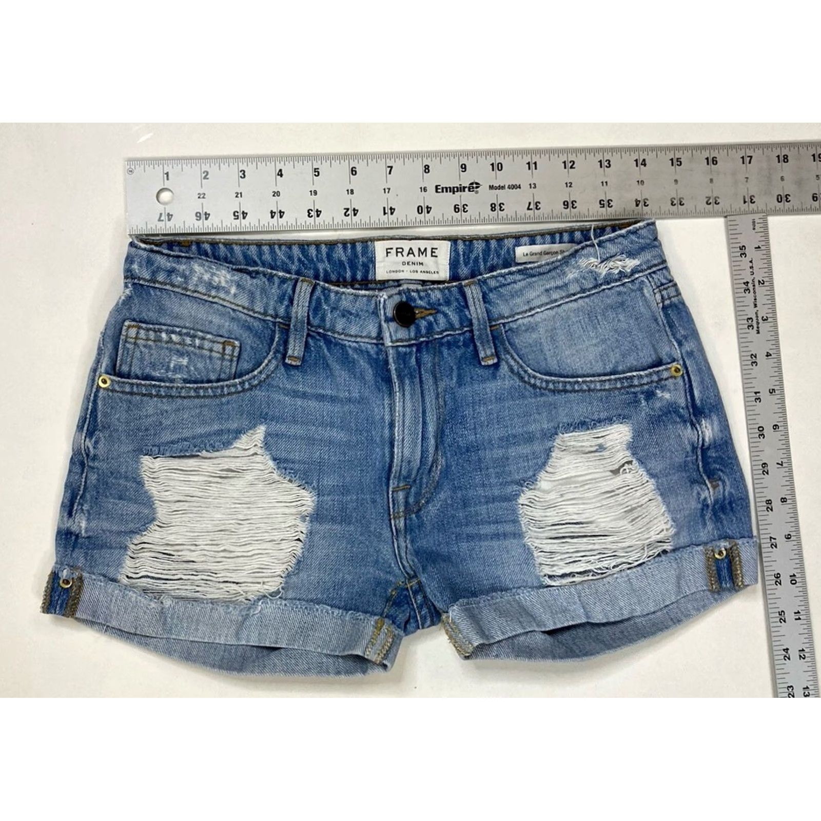Frame VINTAGE FRAME Le Grand Garcon Denim Jean Shorts Women Size 24 Blue Distressed LGGJSR207 Size 42" / US 20 - 7 Thumbnail