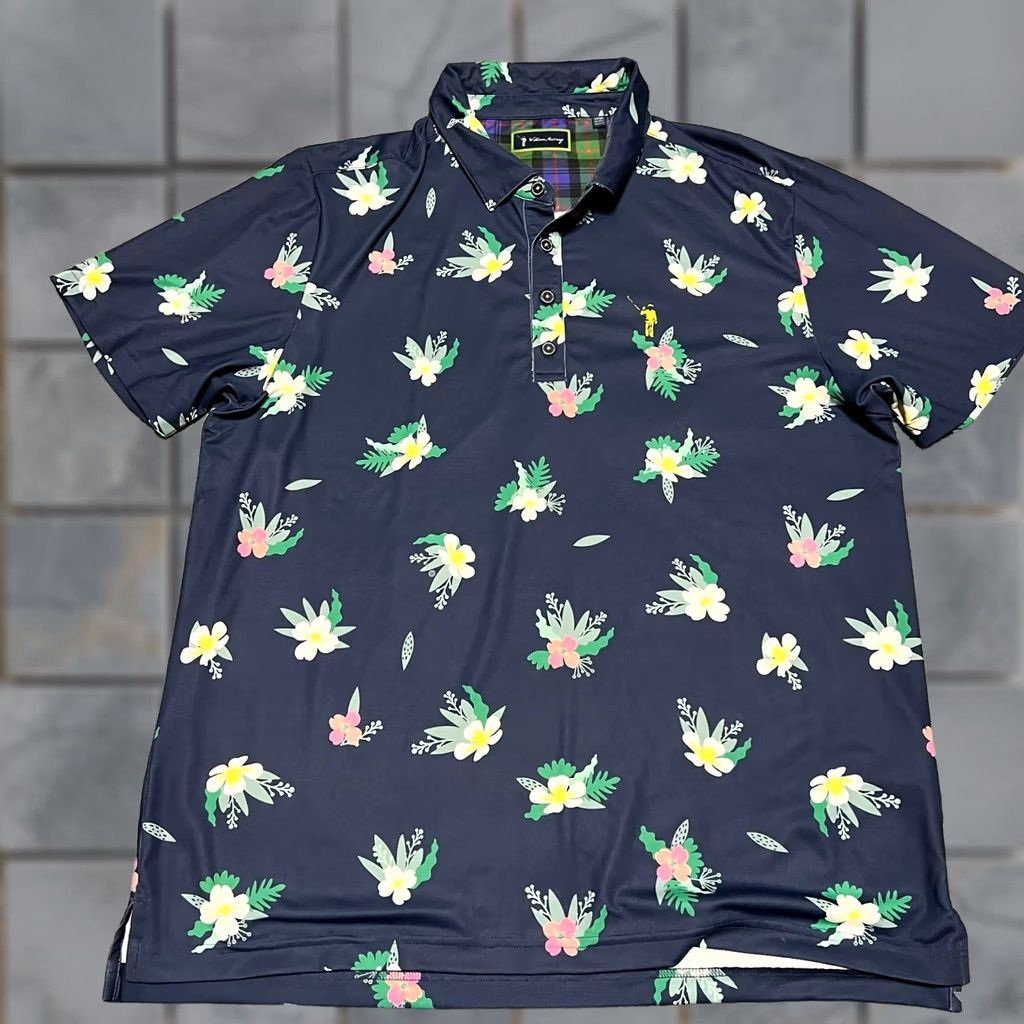 Vintage William Murray Polo Shirt Men Large Blue Performance Golf Floral All Over Print Polo Shirt (L) Mens Blue Performance Floral All Over Print Size US L / EU 52-54 / 3 - 1 Thumbnail
