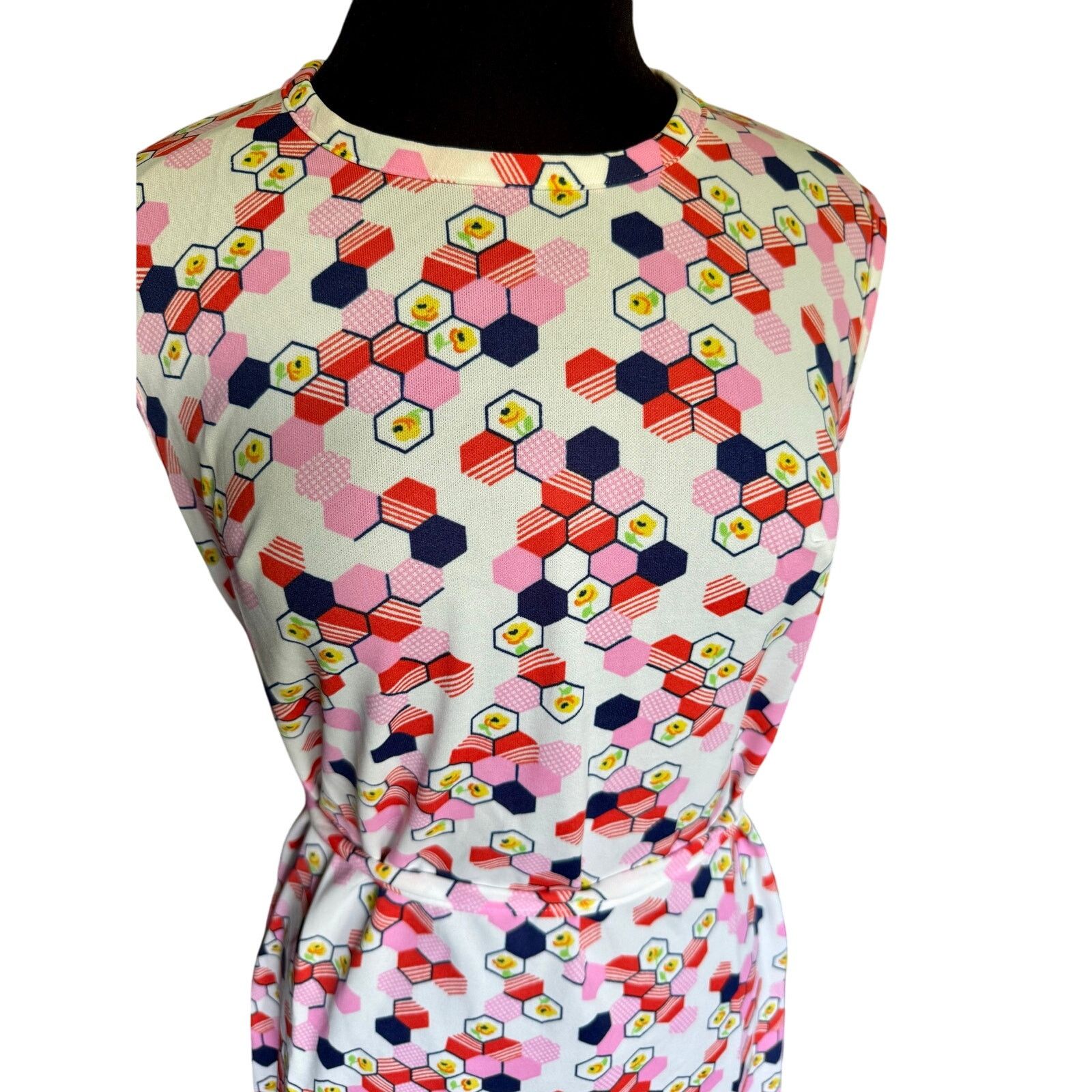 Vintage Vintage 70’s Diolen White Pink Geometric Belted Dress Large Size L / US 10 / IT 46 - 5 Thumbnail