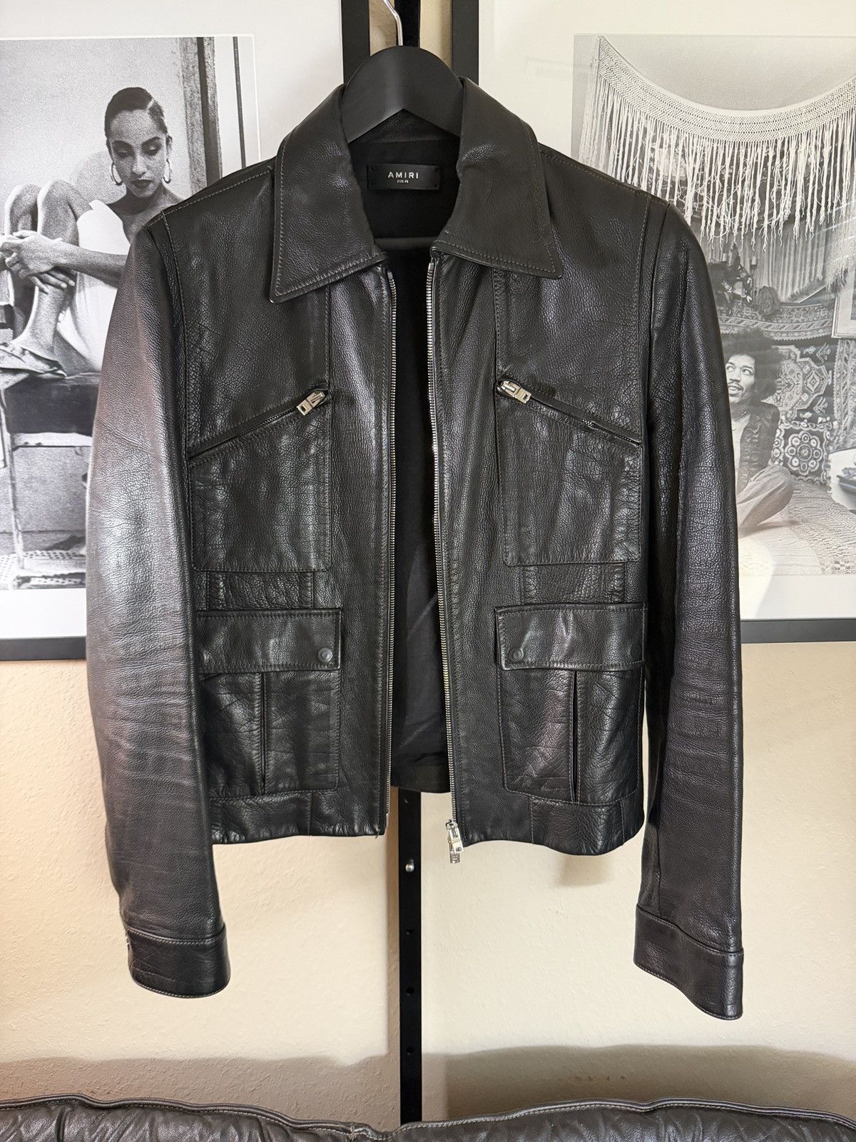 Amiri Black Leather Single Zip Biker Jacket Sz 48 Small