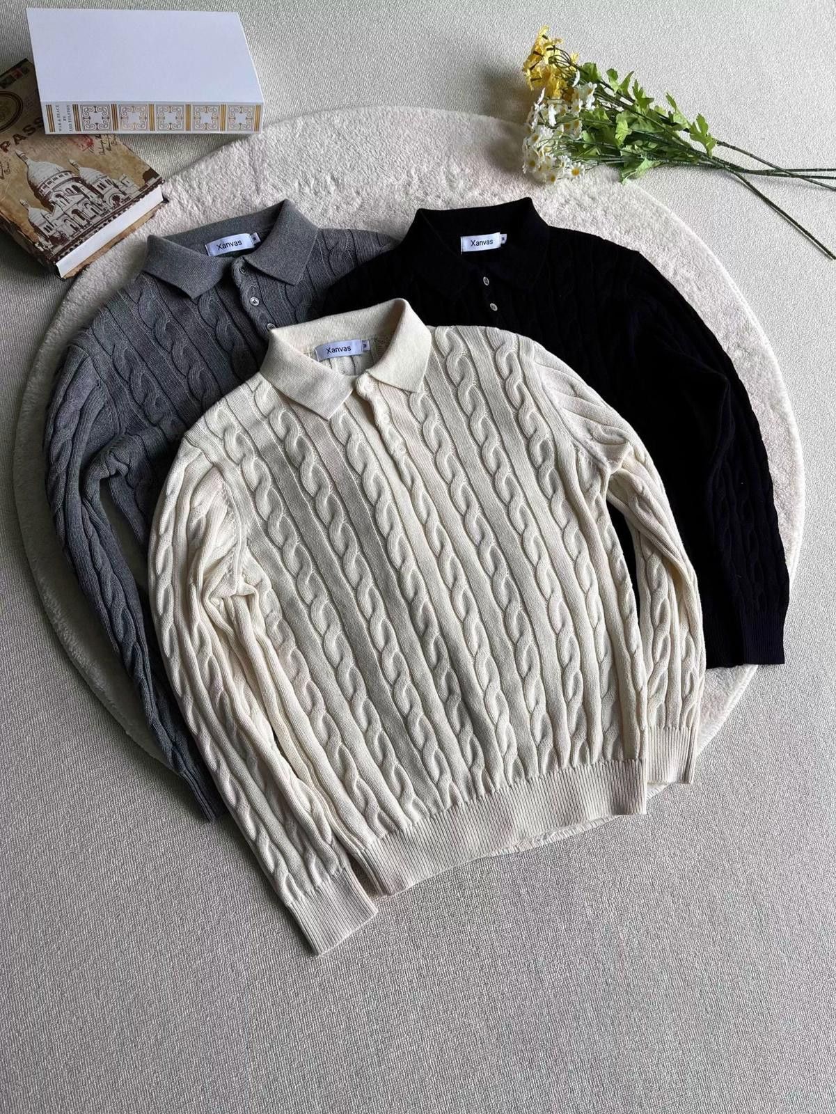 Vintage Cable Knit Polo Sweater for Men, Classic Fit Sweater Size US L / EU 52-54 / 3 - 7 Thumbnail