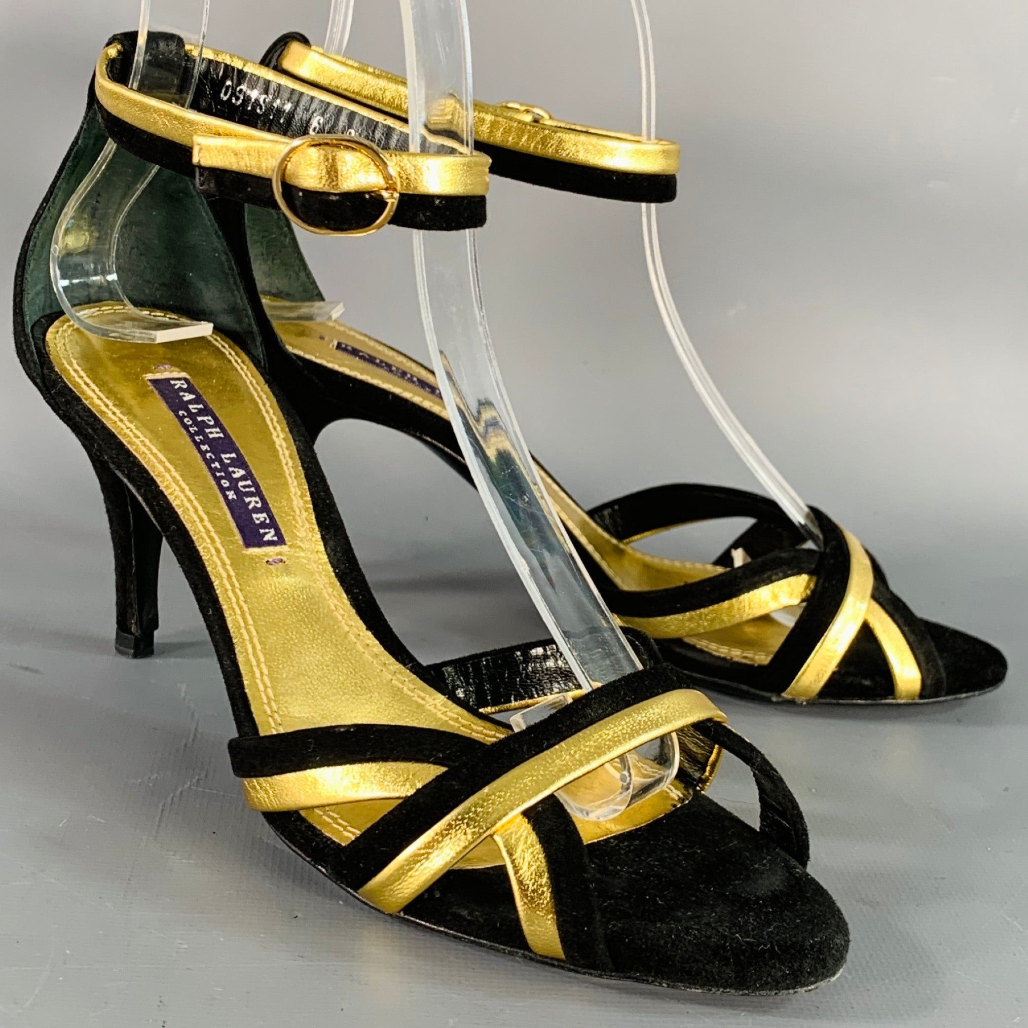 Ralph Lauren x Rlx Ralph Lauren Collection 6 Black Metallic Gold Suede Leather Strappy Ankle Shoes, Women's
