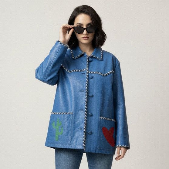 Vintage 80s Hannah Pang Blue Patchwork Leather Jacket - M/L Size M / US 6-8 / IT 42-44 - 1 Thumbnail