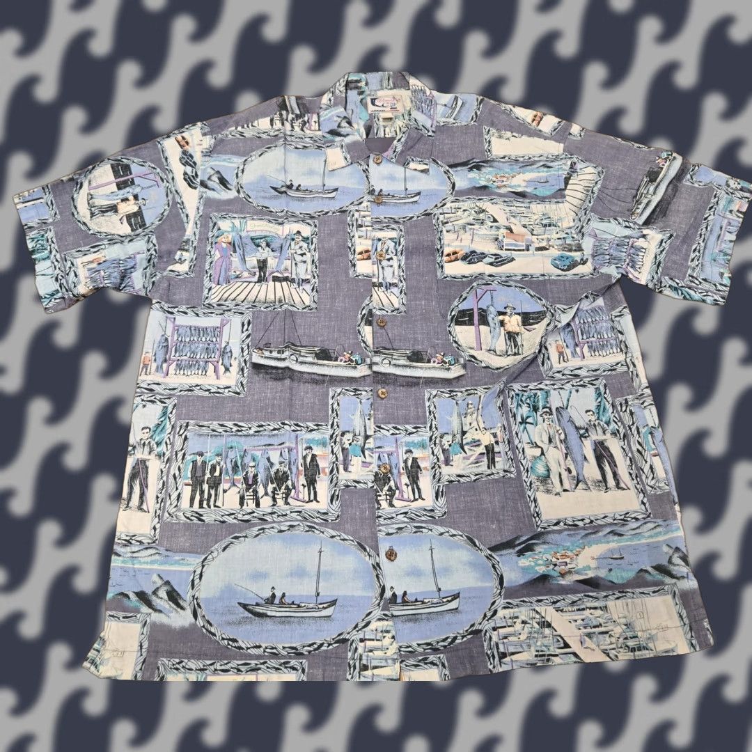 ALOHAS Bluewater Wear Shirt Mens 2XL Blue Gray Hawaiian Aloha Fishing Button Front USA Size US XXL / EU 58 / 5 - 1 Thumbnail