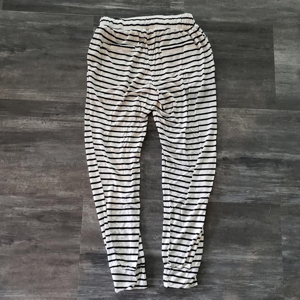 Designer White Black Striped High Waisted Banded Sweats Size 28" / US 6 / IT 42 - 2 Thumbnail
