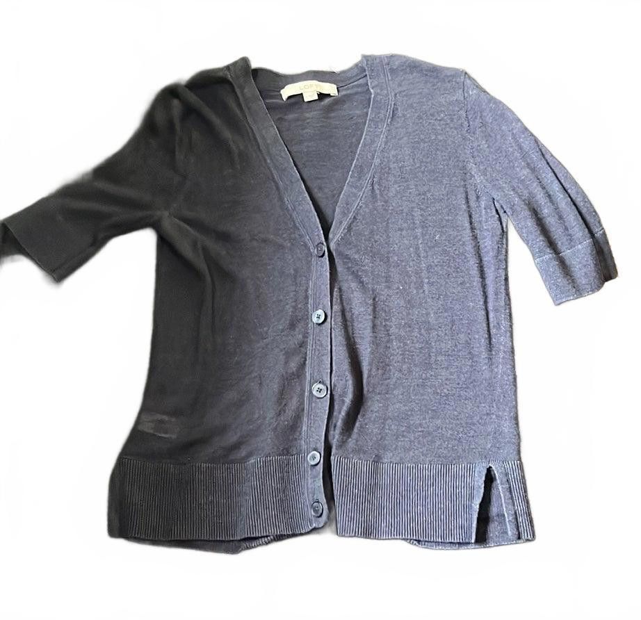 Designer LOFT Navy Button-Up Short Sleeve Cardigan - Size S Size S / US 4 / IT 40 - 2 Thumbnail