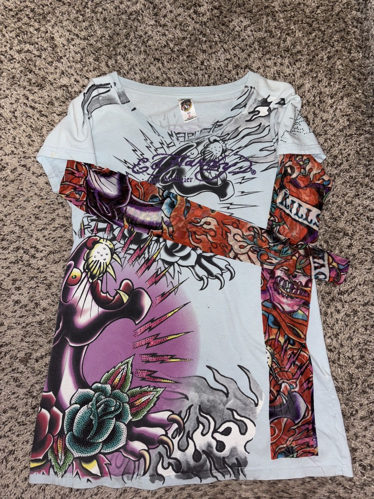 Ed Hardy Rare ED Hardy Rhinestone Tee With Built in Tatoo Sleeves
