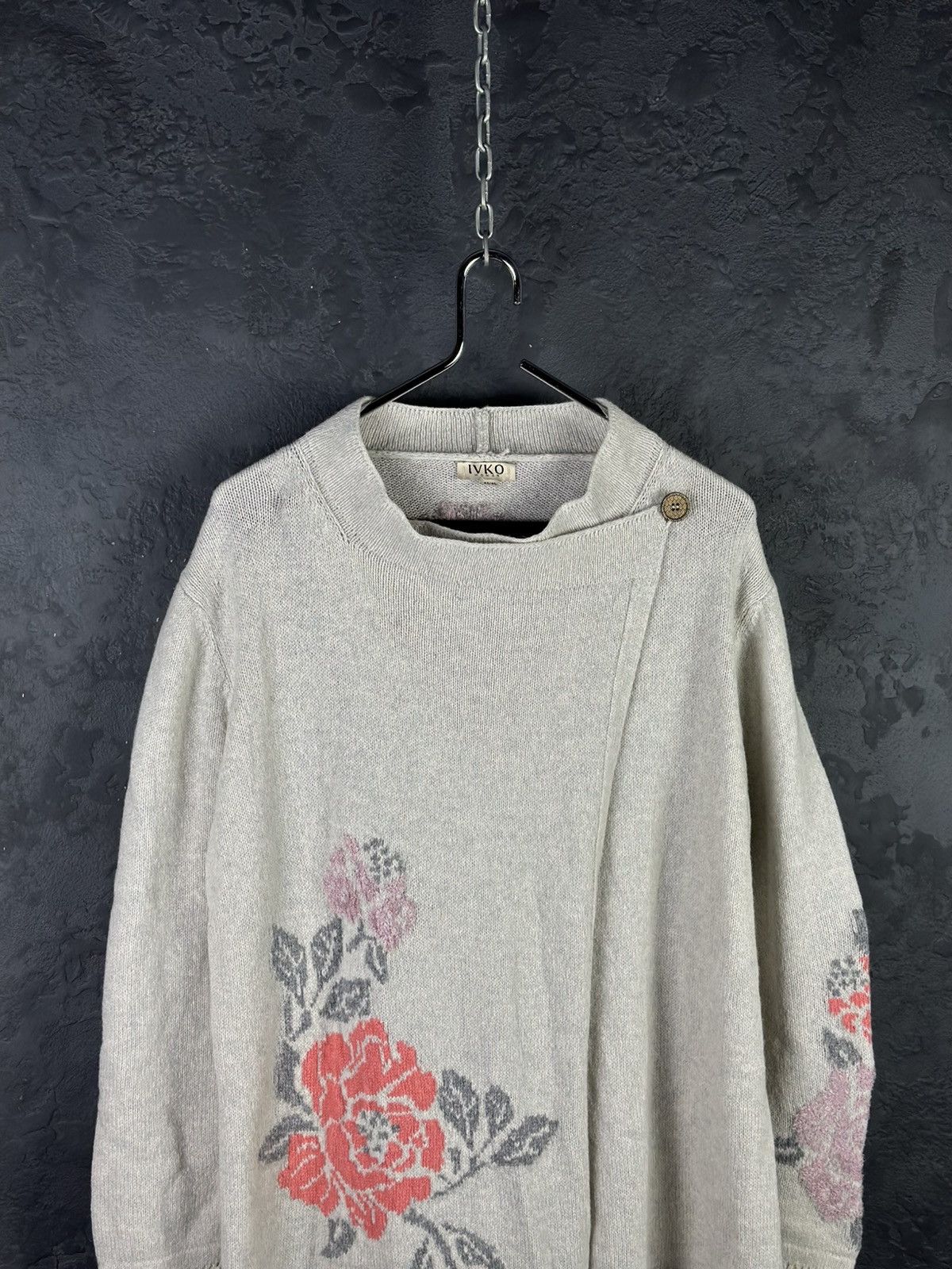 Designer × Vintage IVKO Light Gray Floral Intarsia Wool Semi-Long Sweater Coat Size M / US 6-8 / IT 42-44 - 2 Thumbnail