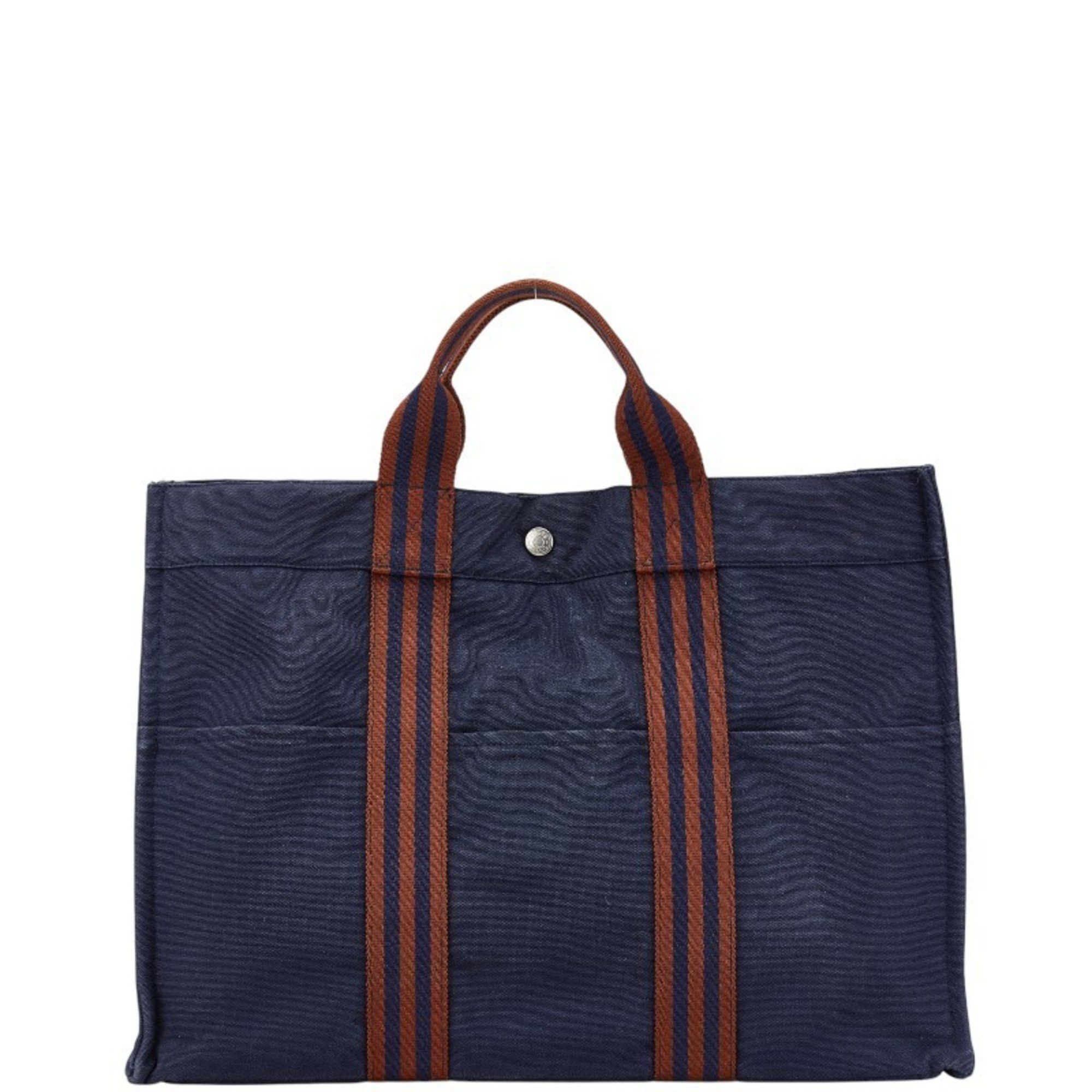 Hermes Foult Tote Mm Bag Navy Brown Canvas Women's Hermes