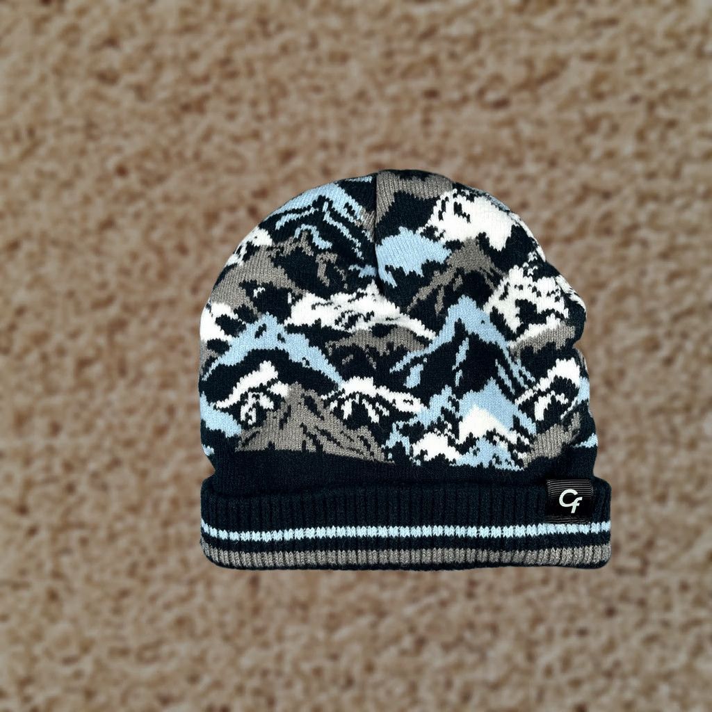 Vintage CF Beanie Beanie Adult One Size Blue White Gray Knit Acrylic Mountain AOP Ski Size ONE SIZE - 1 Thumbnail