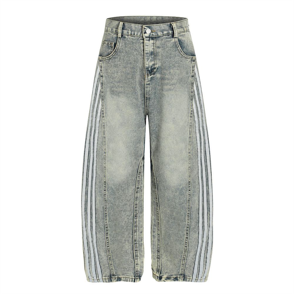 Men's retro punk side stripe loose distressed washed jeans