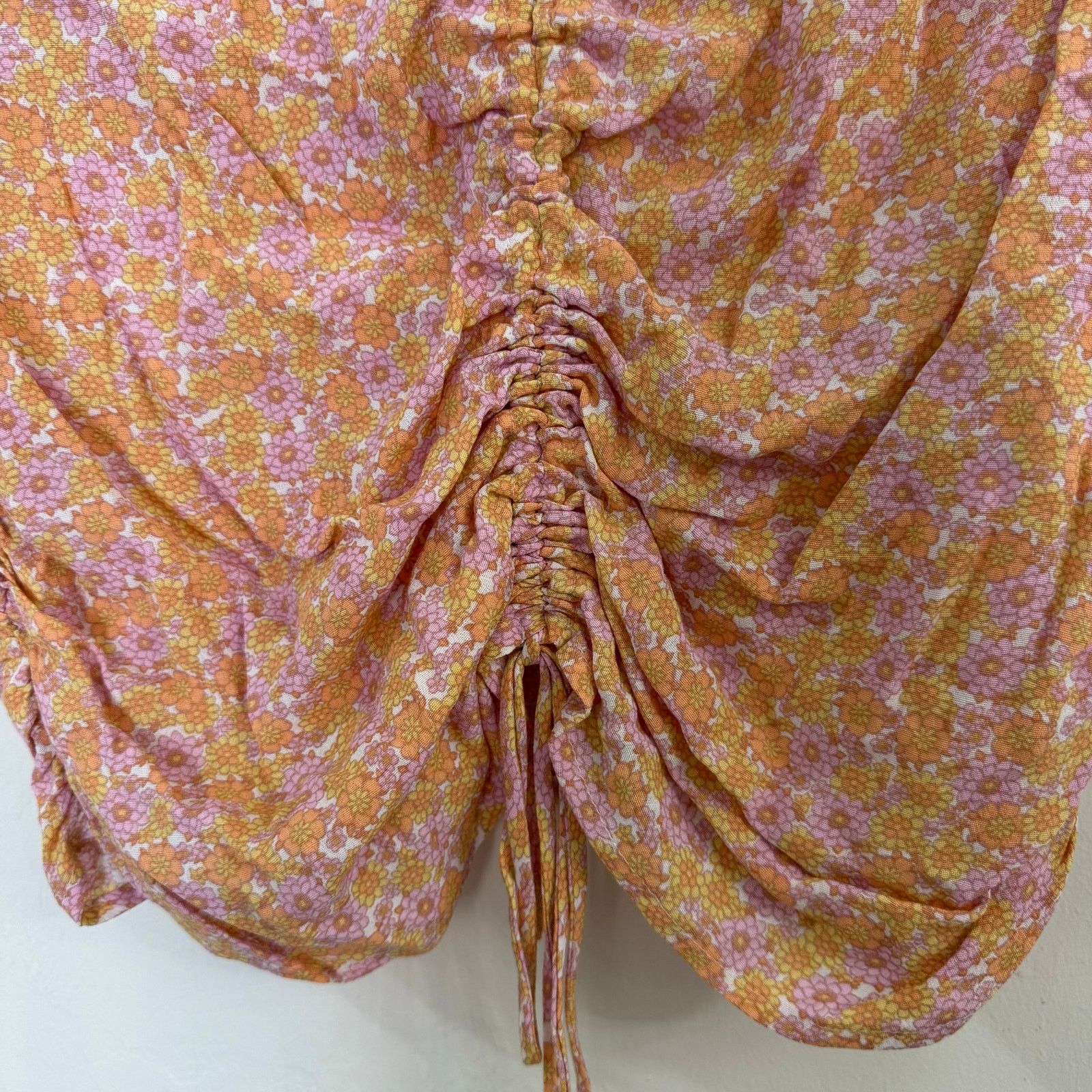 H&M H&M Orange Pink Floral V-Neck Drawstring Blouse Ruched Smock Size US L / EU 52-54 / 3 - 3 Thumbnail