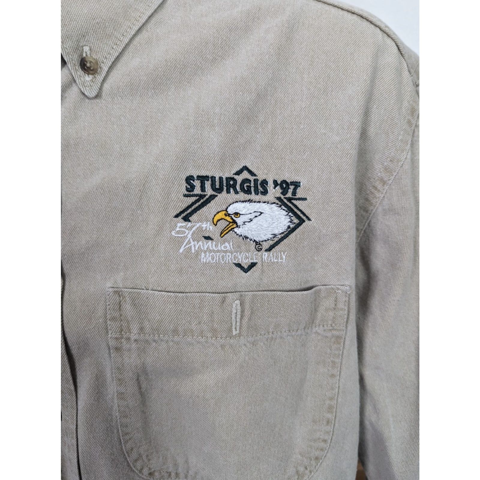 Denime VINTAGE Sturgis 1997 Khaki Denim Long Sleeve Button Shirt Motorcycle Men’s M L6M Shirt Mens M Beige Denim 1990s Button-Front Size US M / EU 48-50 / 2 - 2 Thumbnail