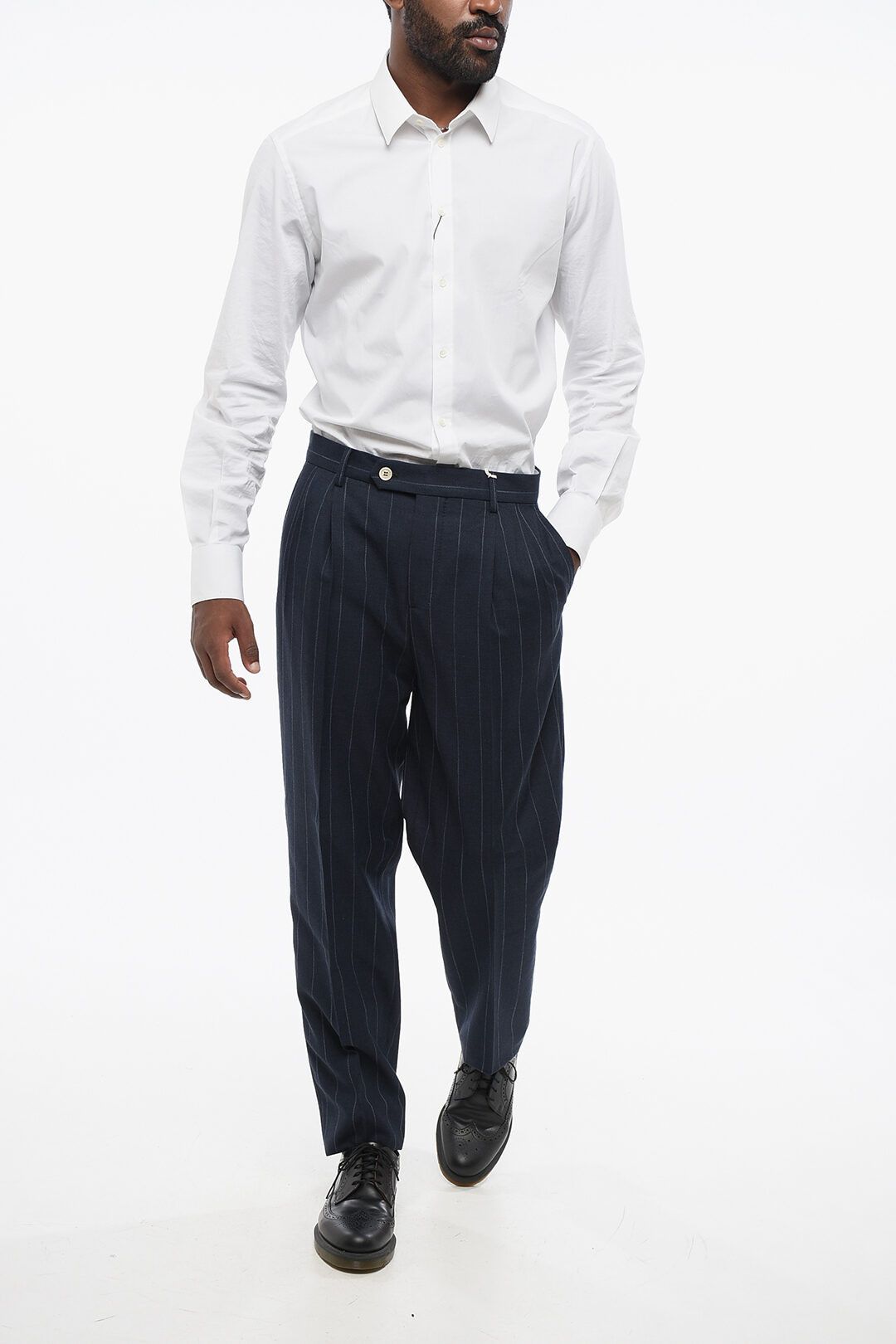 Brunello Cucinelli og1mm0825 Double-Pleated Cotton Blend Pant in Blue Size US 32 / EU 48 - 4 Thumbnail