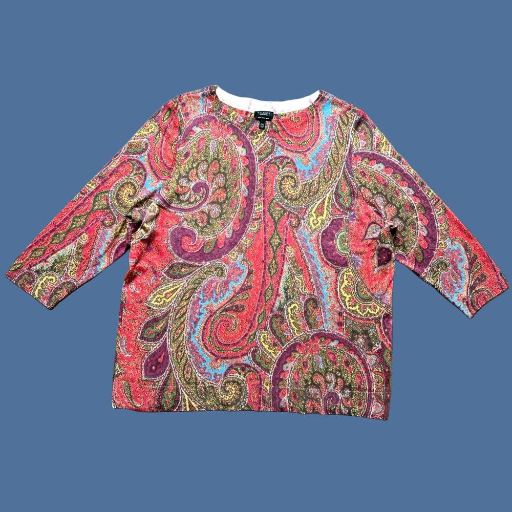 Talbots Talbots Sweater Women’s 2X Plus Petite - 100% Merino Wool Colorful Muted Paisley - Pullover Knit 3/4 Sleeve Round Neck Womens Size XXL / US 16-18 / IT 52-54 - 1 Thumbnail