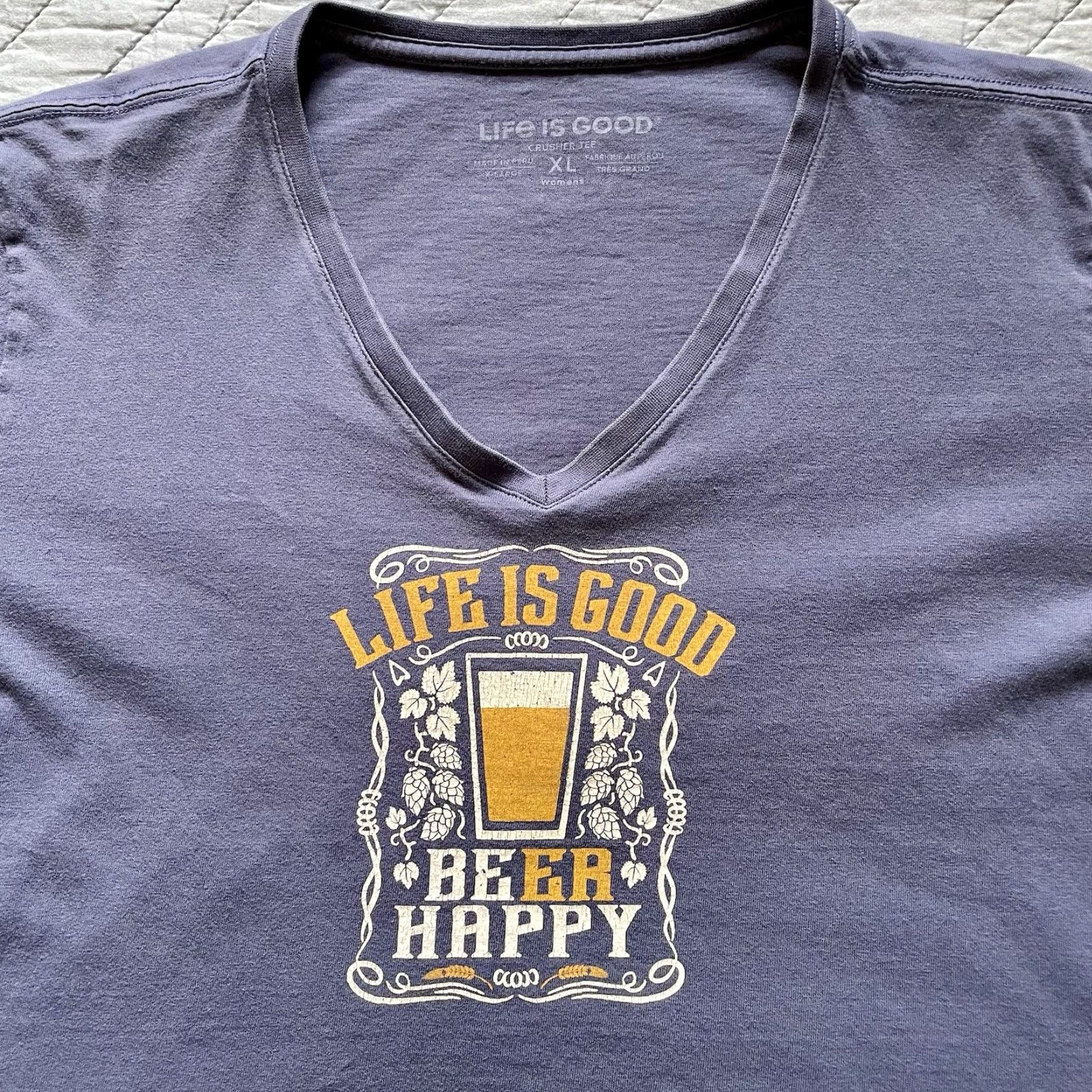 Life is Good Life Is Good Crusher T-Shirt Women's XL “Life Is Good Beer Happy” V-neck Blue Short Sleeve 100% Cotton Knit Vintage No N/A Size XL / US 12-14 / IT 48-50 - 2 Thumbnail