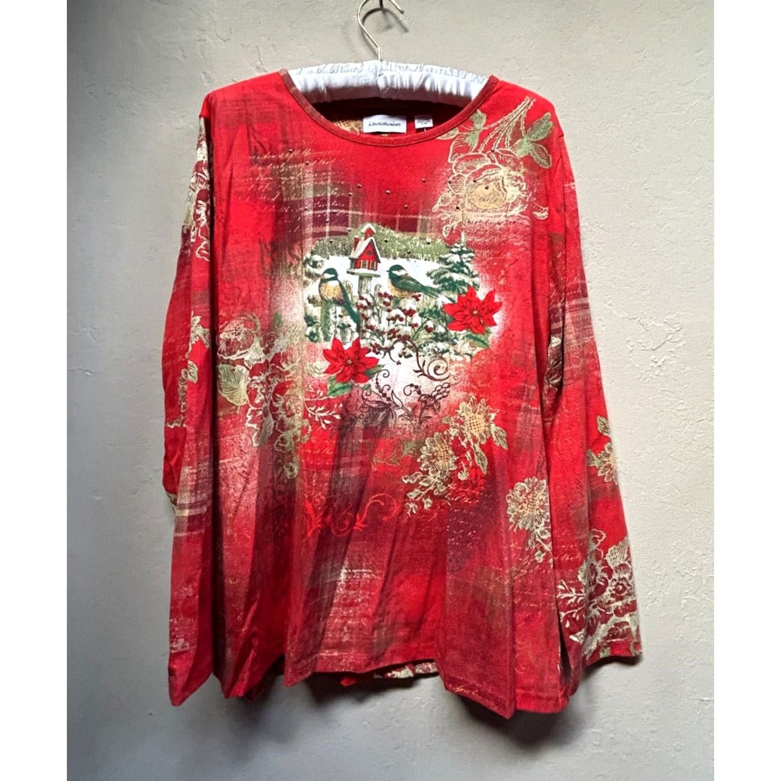 Vintage I. B. Diffusion Womens XL T-Shirt Birds Birdhouse Embellished Red/Gold Size XL / US 12-14 / IT 48-50 - 2 Thumbnail