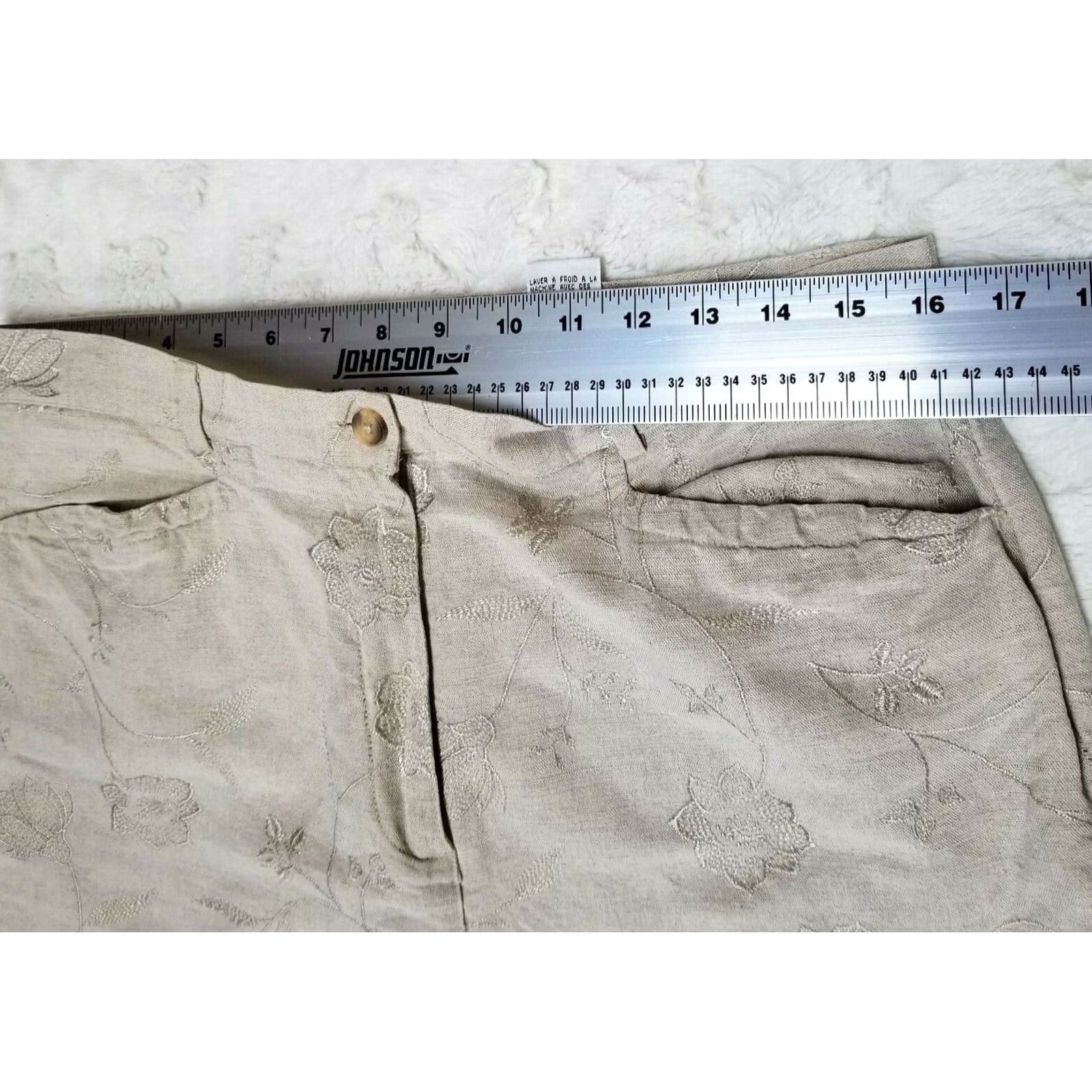 Talbots Talbots Womens Irish Linen Blend High Rise Pants 14 Embroidered Straight Leg Beige Floral Pocketed Size 36" / US 14 / IT 50 - 5 Thumbnail