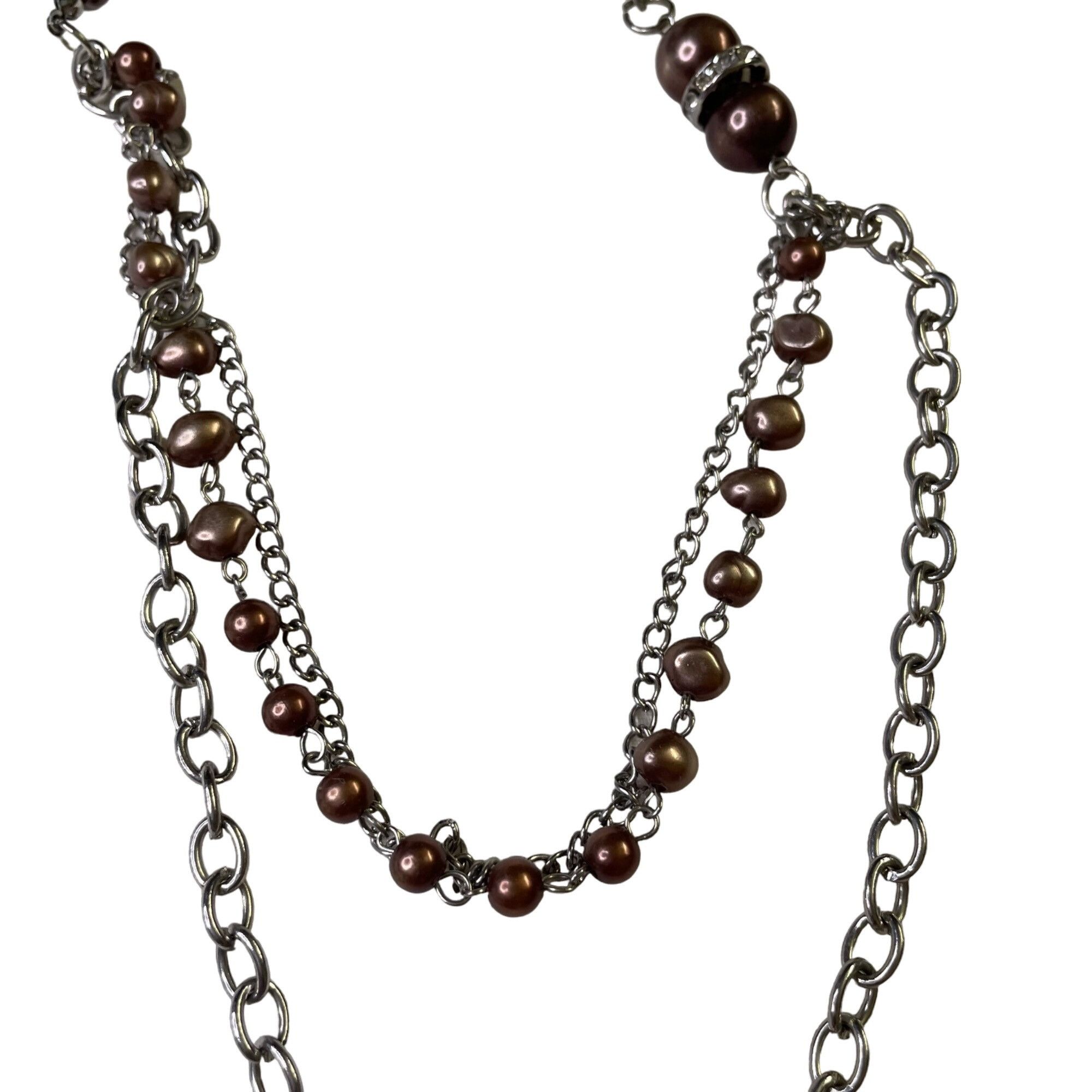 Other Long Silver Tone Chain Necklace Brown Beads Mesh Accents Fas Size ONE SIZE - 2 Thumbnail
