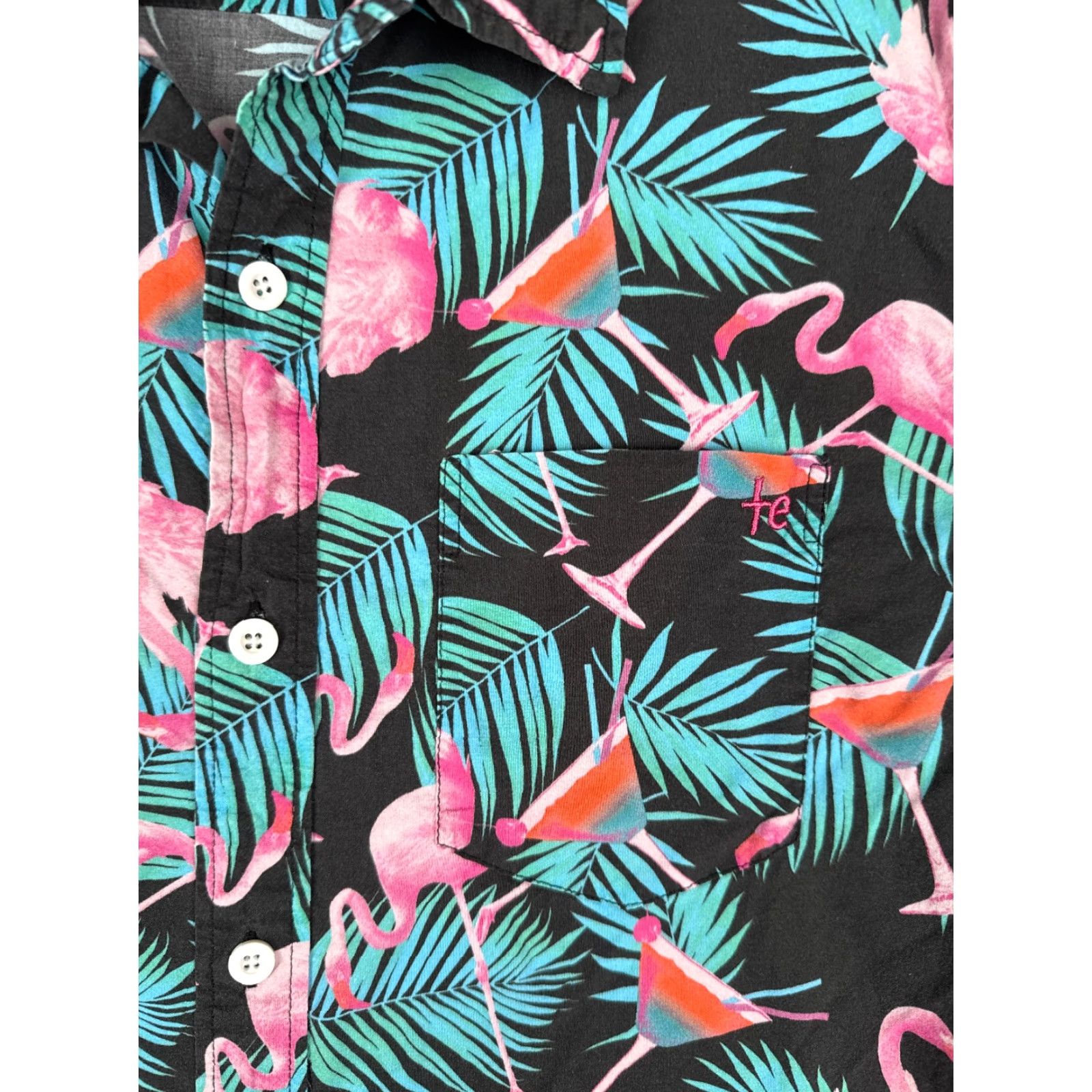 Vintage Tipsy Elves Shirt Men Adult Large Black Floral Flamingo AOP Hawaiian Cotton Blend Button-Up Short Sleeve Size US L / EU 52-54 / 3 - 6 Thumbnail