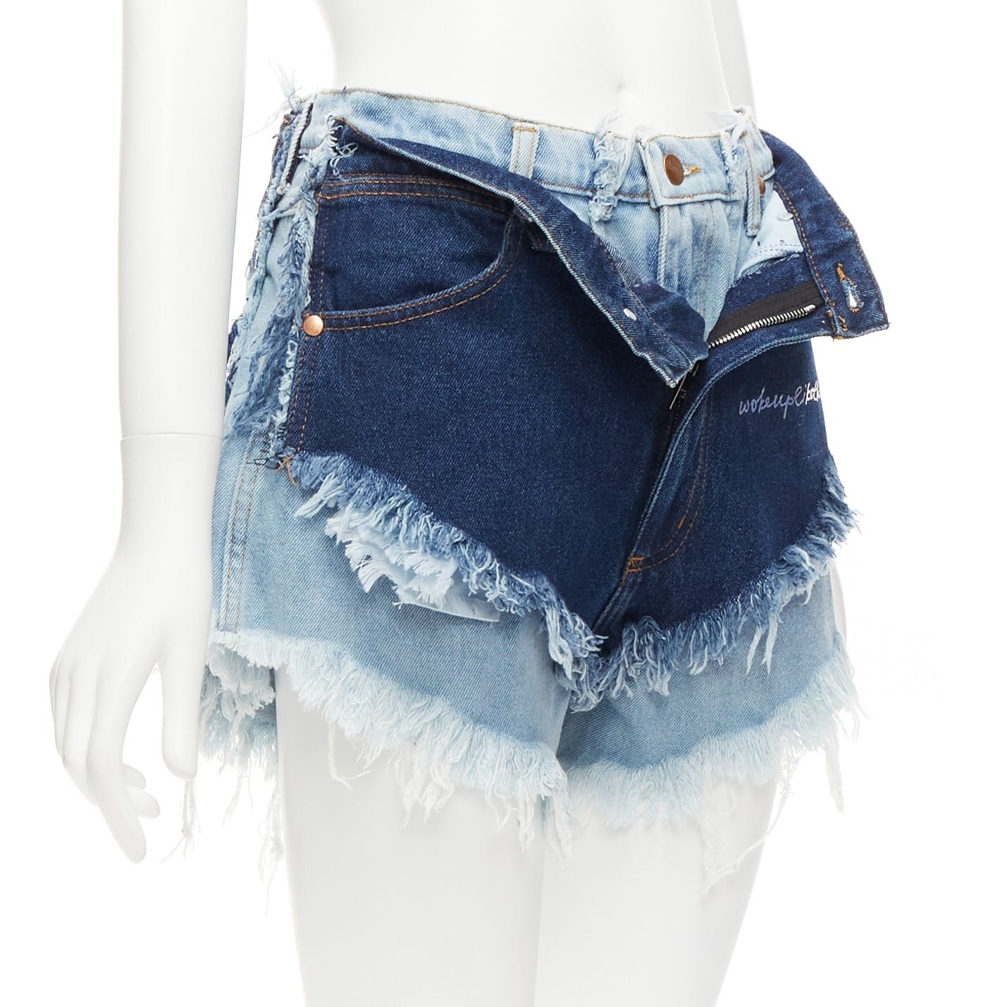 image of Natasha Zinko Wrangler Blue Deconstructed Layered Double Denim Frayed Shorts Fr34 Xs, Women's (Size