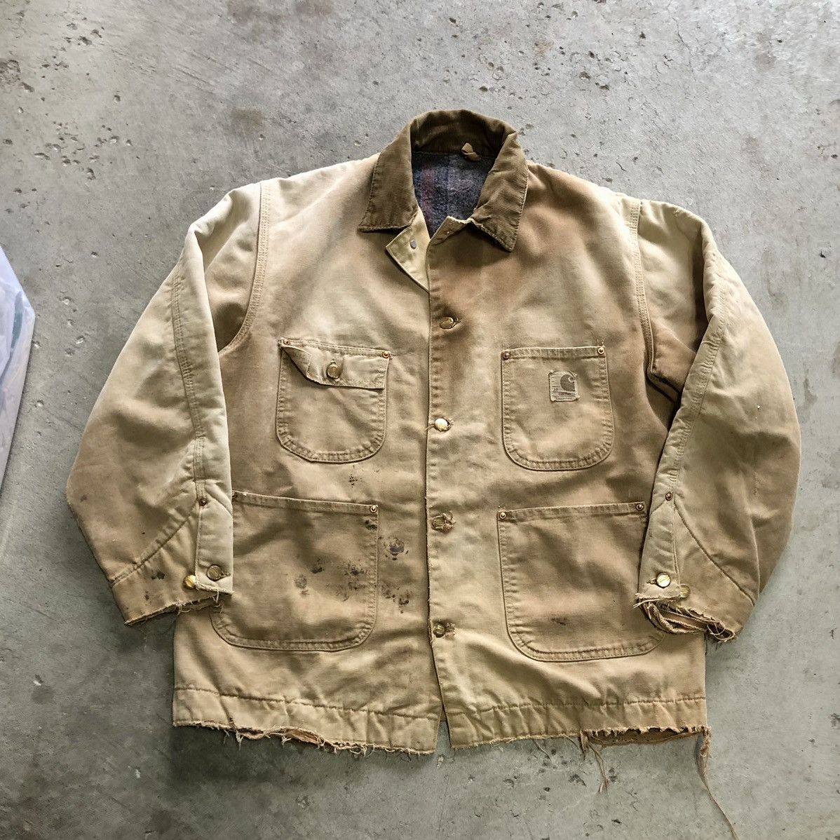 image of Vintage 70’S Faded Distressed Carhartt Lined Chore Coat in Tan, Men's (Size Large)