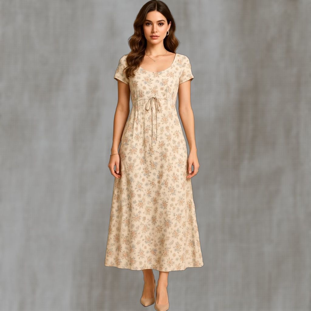 VINTAGE All That Jazz Dress Womens S Beige Floral Cottagecore Boho Peasant  Midi Dress