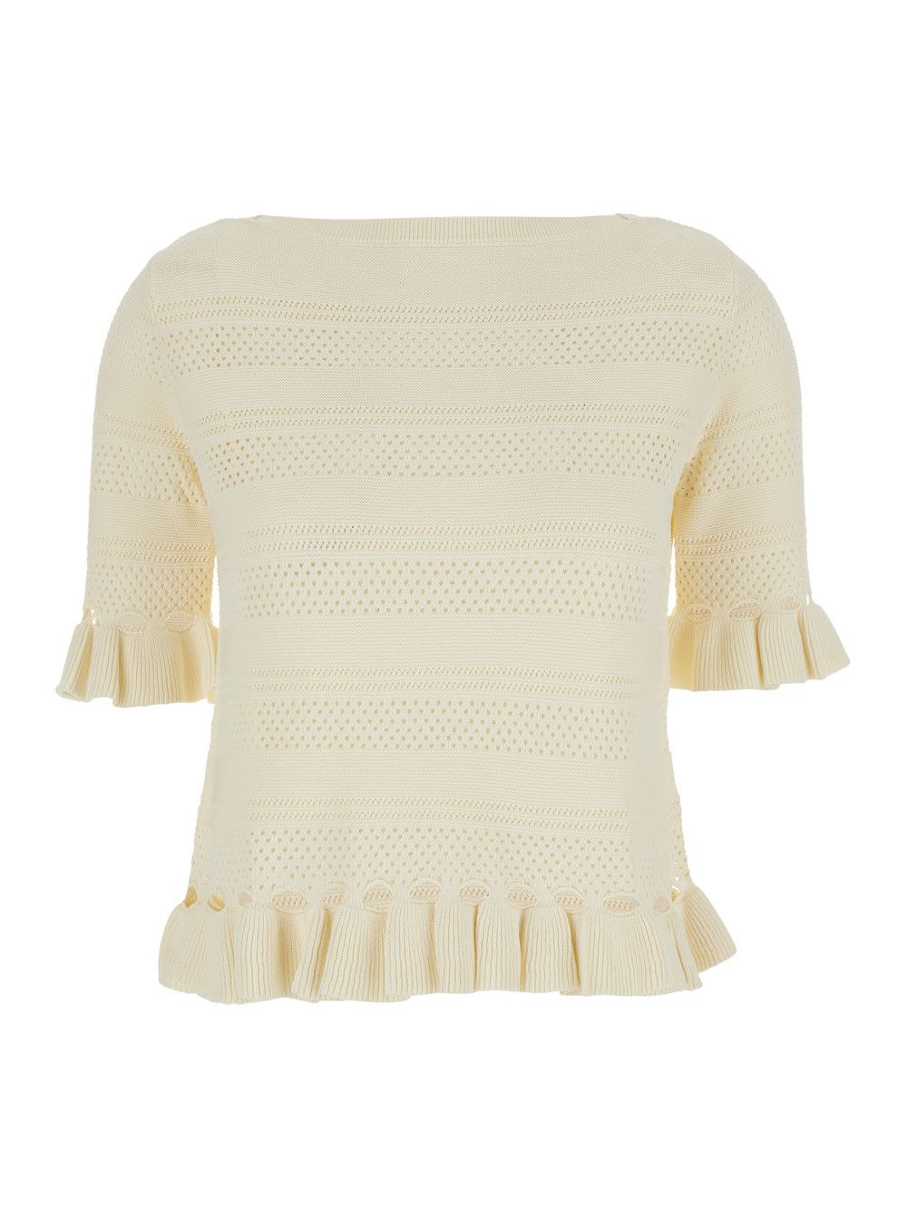 TWINSET Sweater with Ruffles and Perforated Design in Wool Blend White Women Size L / US 10 / IT 46 - 1 Thumbnail