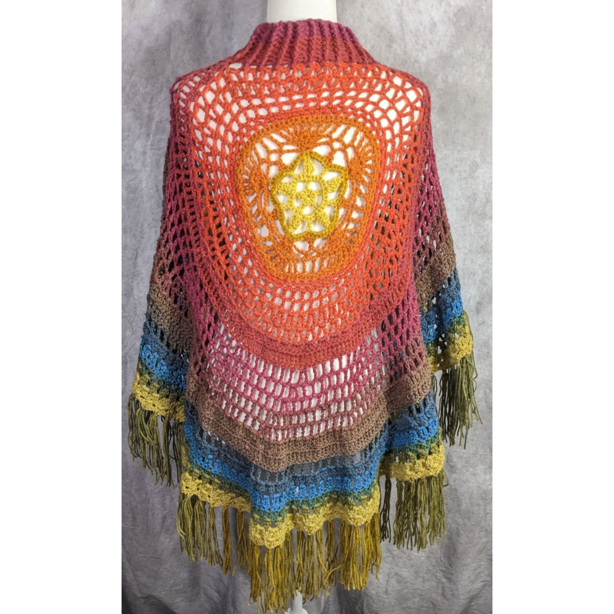 Handmade Vintage Handmade Bohemian Crochet Shawl Poncho With Rainbow Size ONE SIZE - 3 Thumbnail
