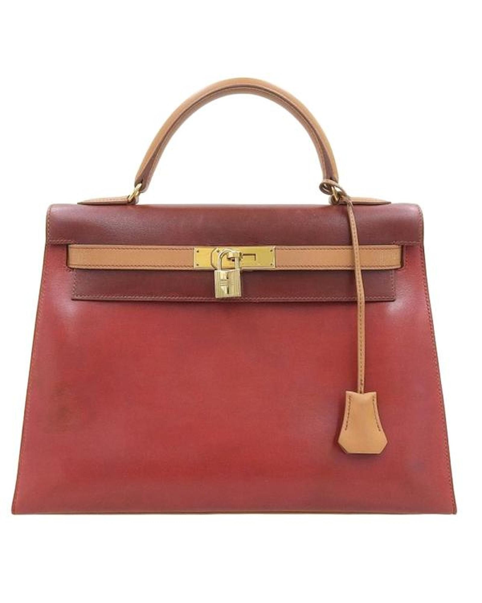 image of Hermes Tricolor Box Kelly 32 Bag In Ab Condition in Red, Women's