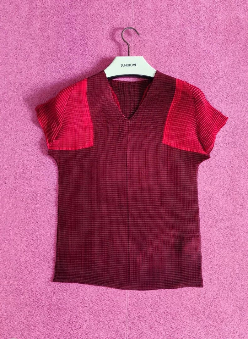 Issey Miyake Issey Miyake size:2 Red V-neck two-tone short-sleeved T-sh Size L / US 10 / IT 46 - 5 Thumbnail