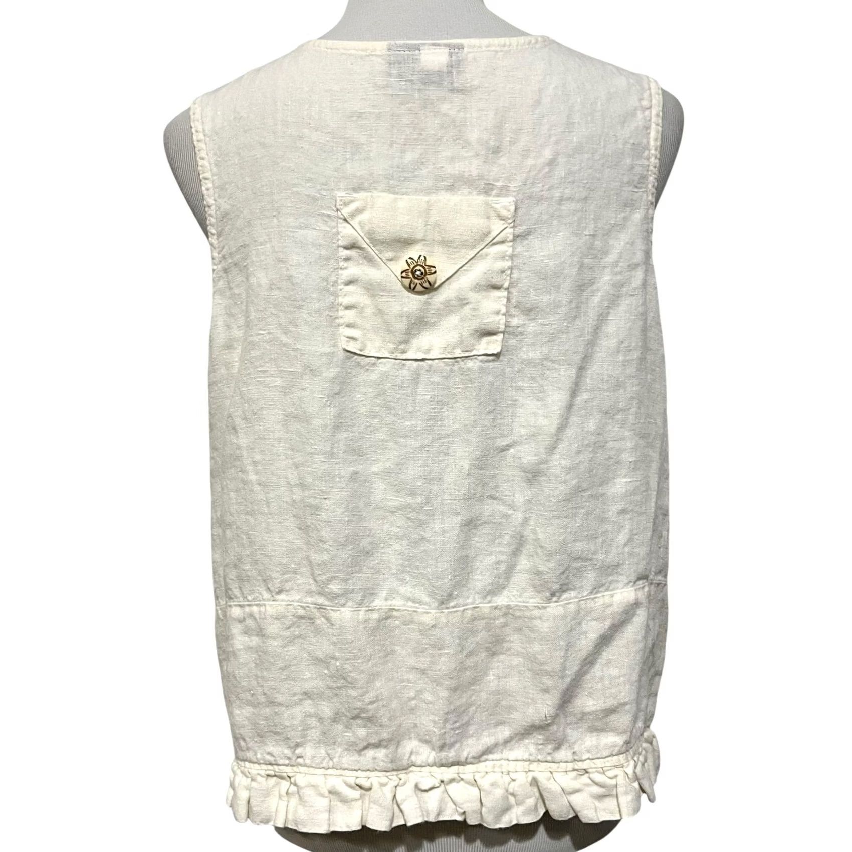Vintage Liz & Jane Linen Vest Womens Size Small Ivory Ruffle Hem Lagenlook Vest Sleeveless V-Neck Button Blouse Mens Womens Girls Boys Size S / US 4 / IT 40 - 2 Thumbnail