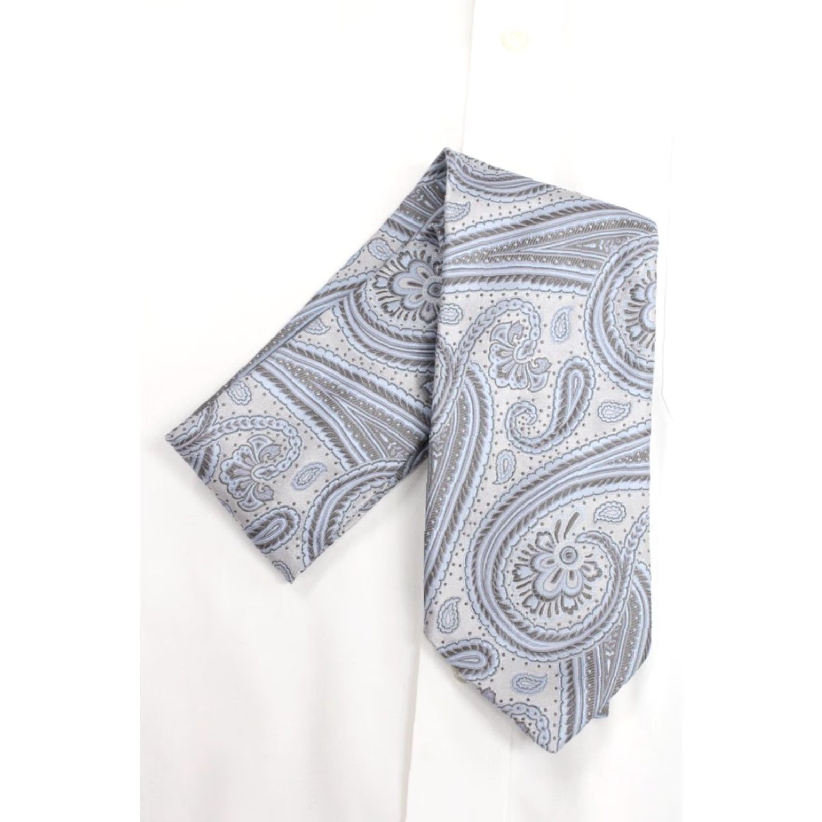 Vintage XMI Platinum Necktie Men's Silk Necktie Designer USA Paisley Silk Handmade Classic 57"-60" Silver Blue Gray Men’s Tie Size ONE SIZE - 6 Thumbnail