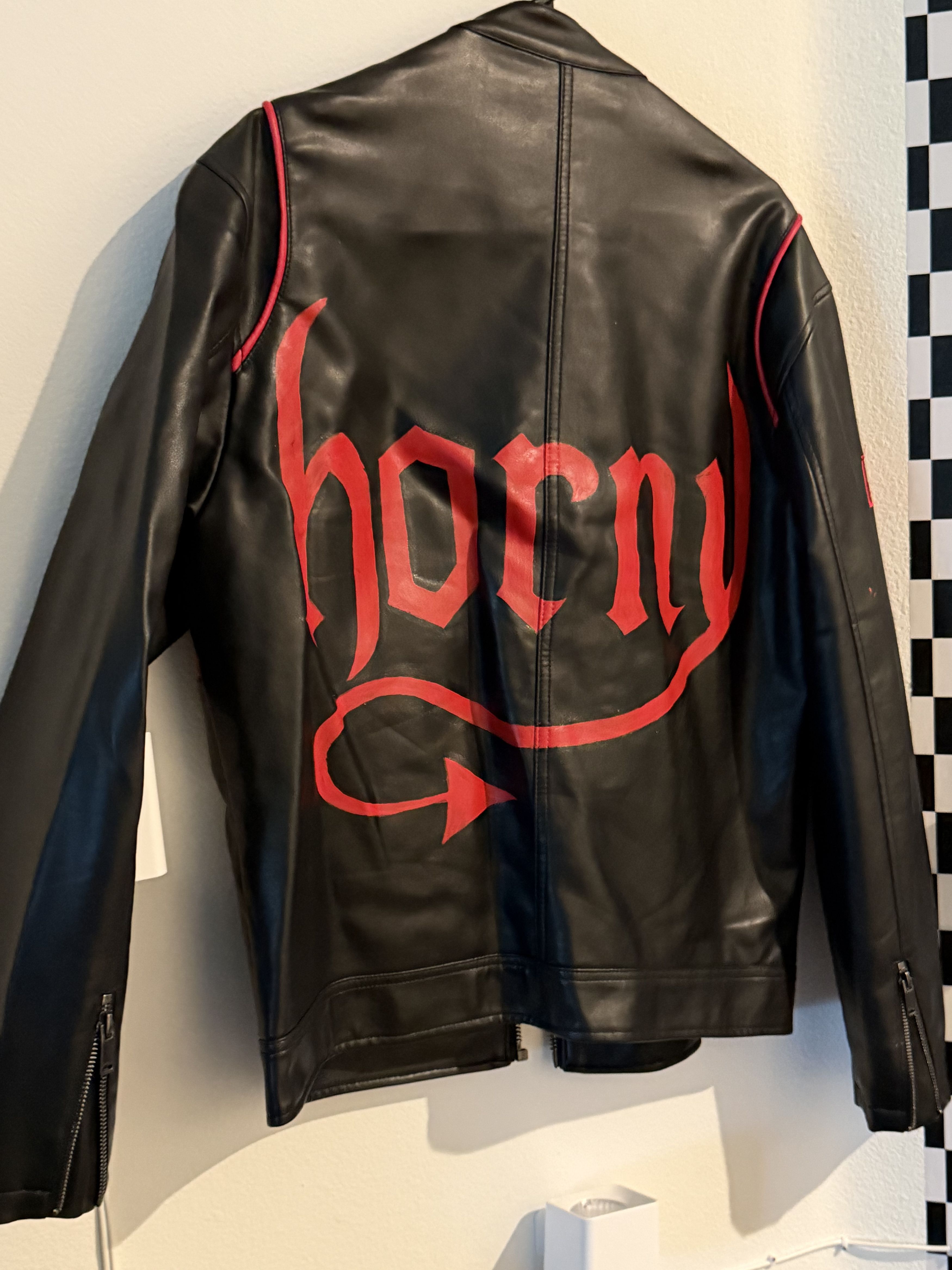 Bershka Black & Red "Horny" Moto Jacket Size US M / EU 48-50 / 2 - 2 Thumbnail