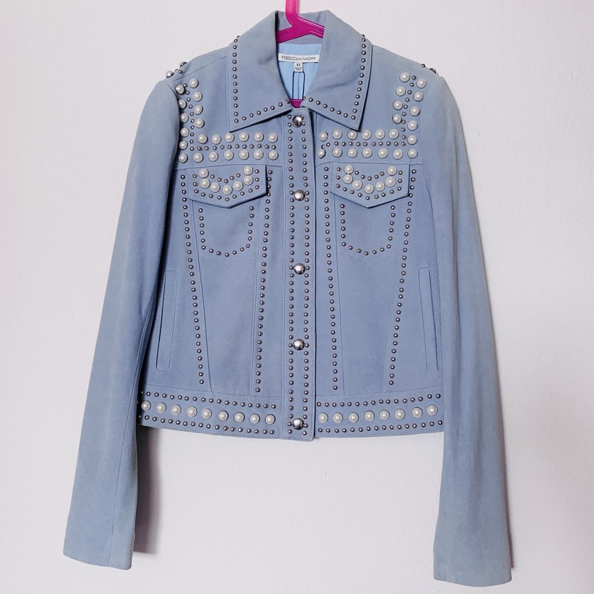 Rebecca Minkoff Periwinkle Pearl studded goat leather trucker jacket Size XS / US 0-2 / IT 36-38 - 13 Thumbnail