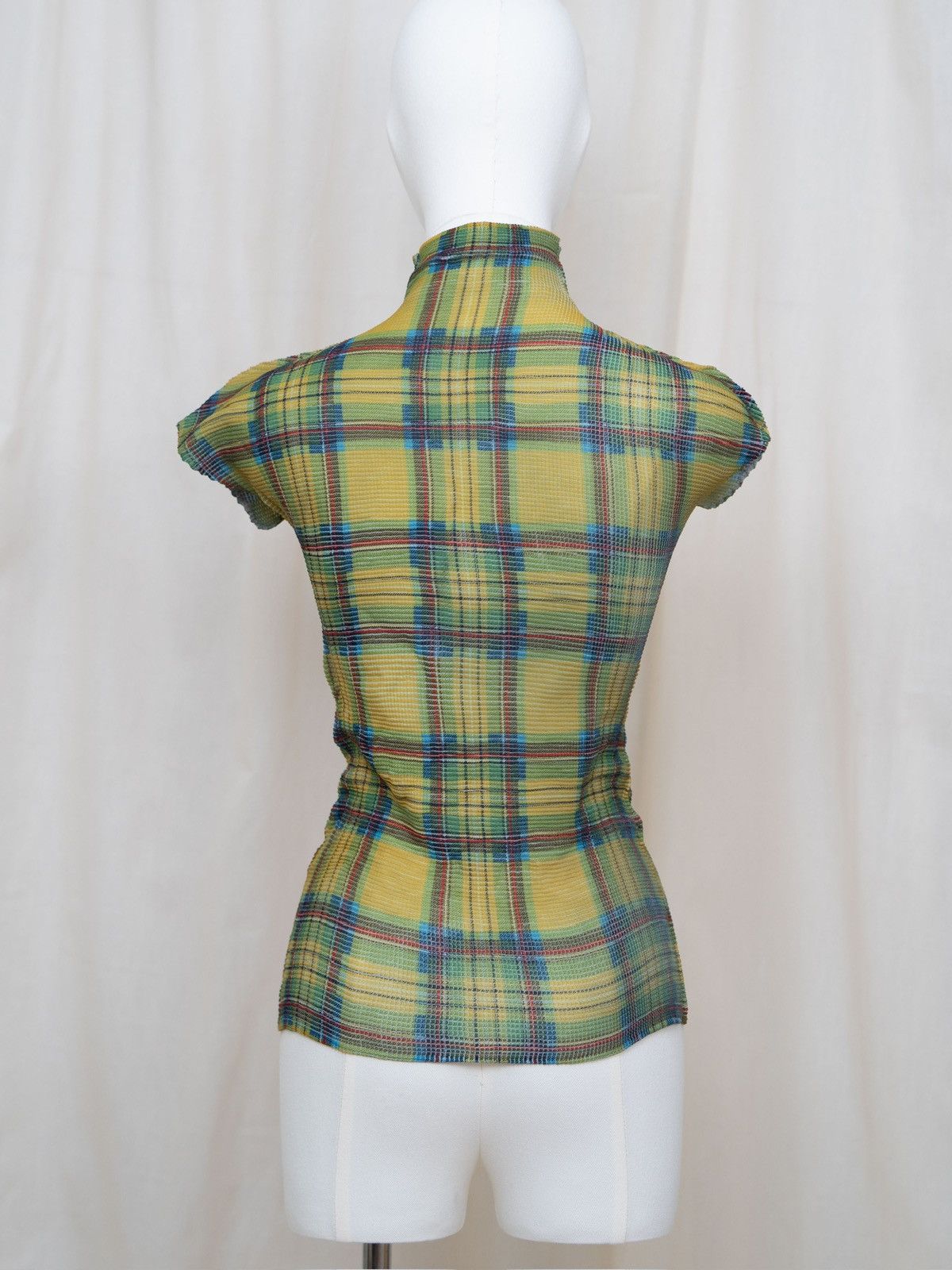 Issey Miyake Issey Miyake Green Plaid Pleated Turtleneck Short-Sleeve Top Size ONE SIZE - 3 Thumbnail