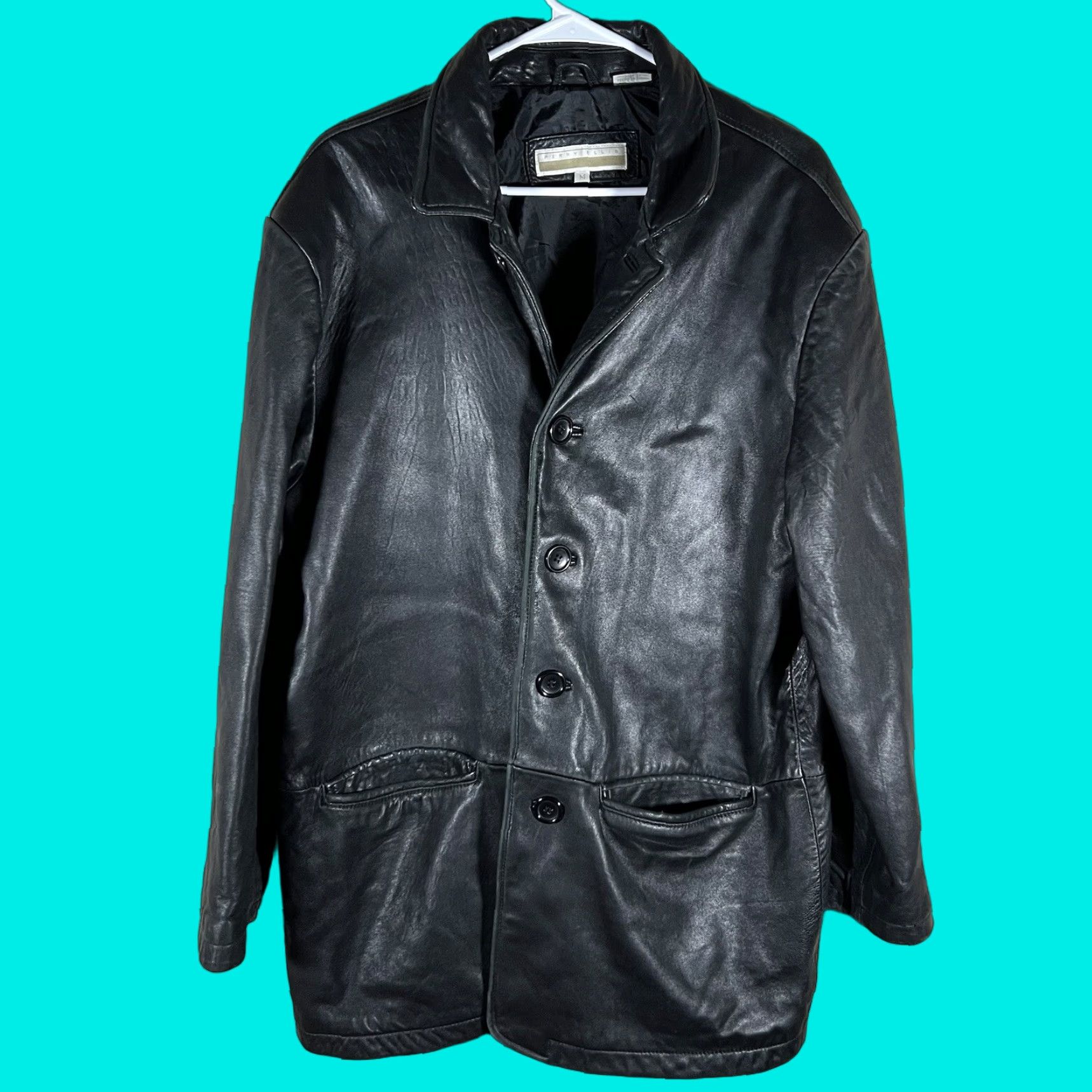 Perry Ellis Perry Ellis Womens Button Down Leather Jacket Black Long Coat M Size M / US 6-8 / IT 42-44 - 1 Thumbnail