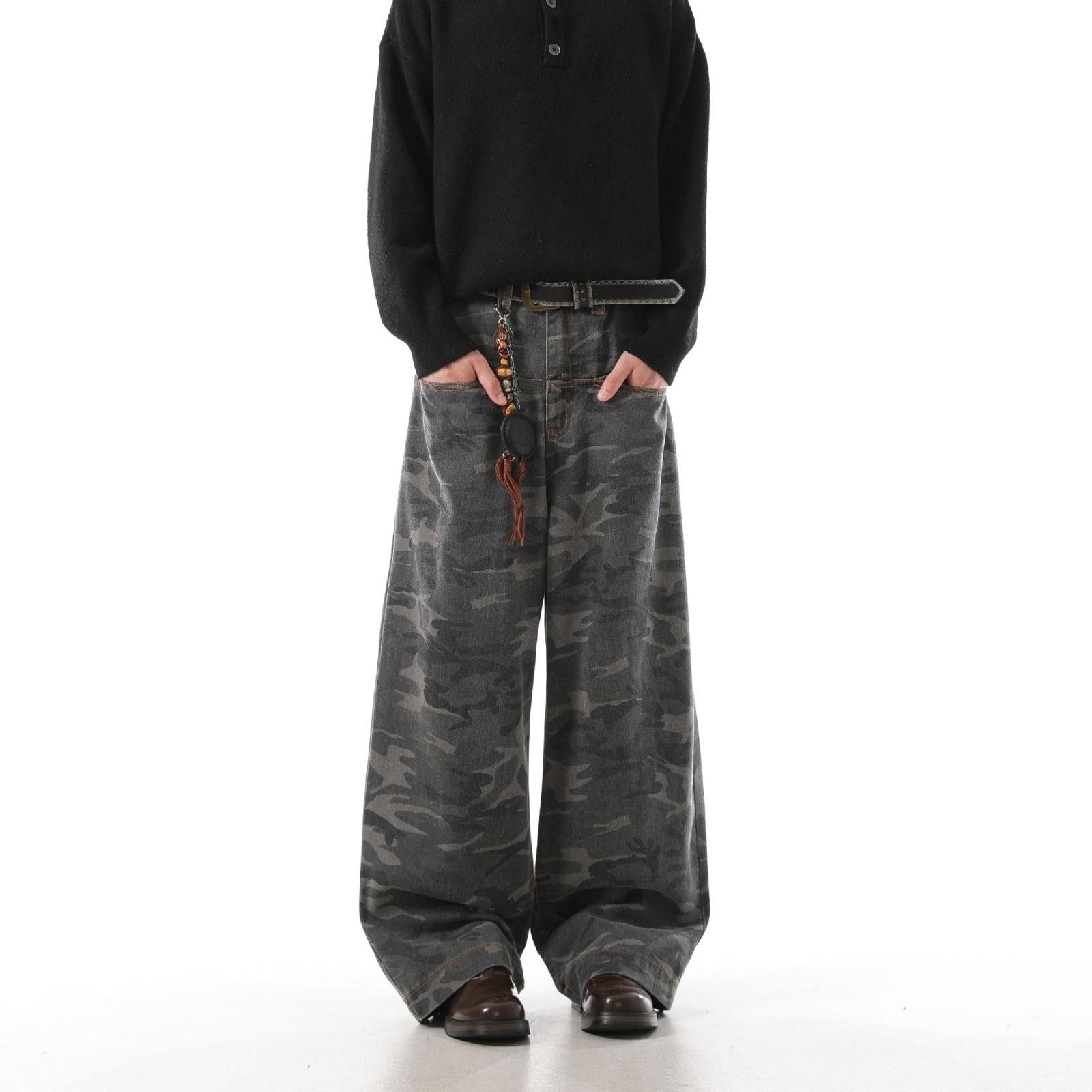 Japanese Brand Gray Camouflage Wide Leg Pants, Baggy Fit Trousers Size US 32 / EU 48 - 3 Thumbnail