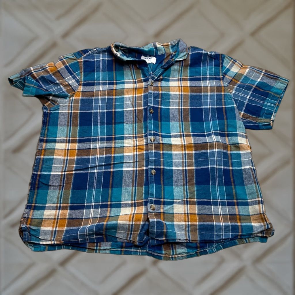 Old Navy Old Navy Button Up Shirt Mens 2XL Blue Plaid Short Sleeve Linen Blend Camp Top Size US XXL / EU 58 / 5 - 1 Thumbnail