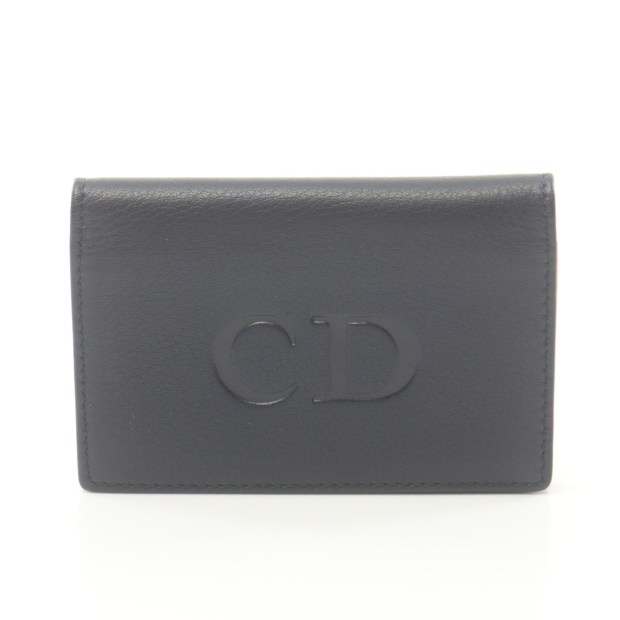 Dior Card Case Name Holder Leather Navy Logo