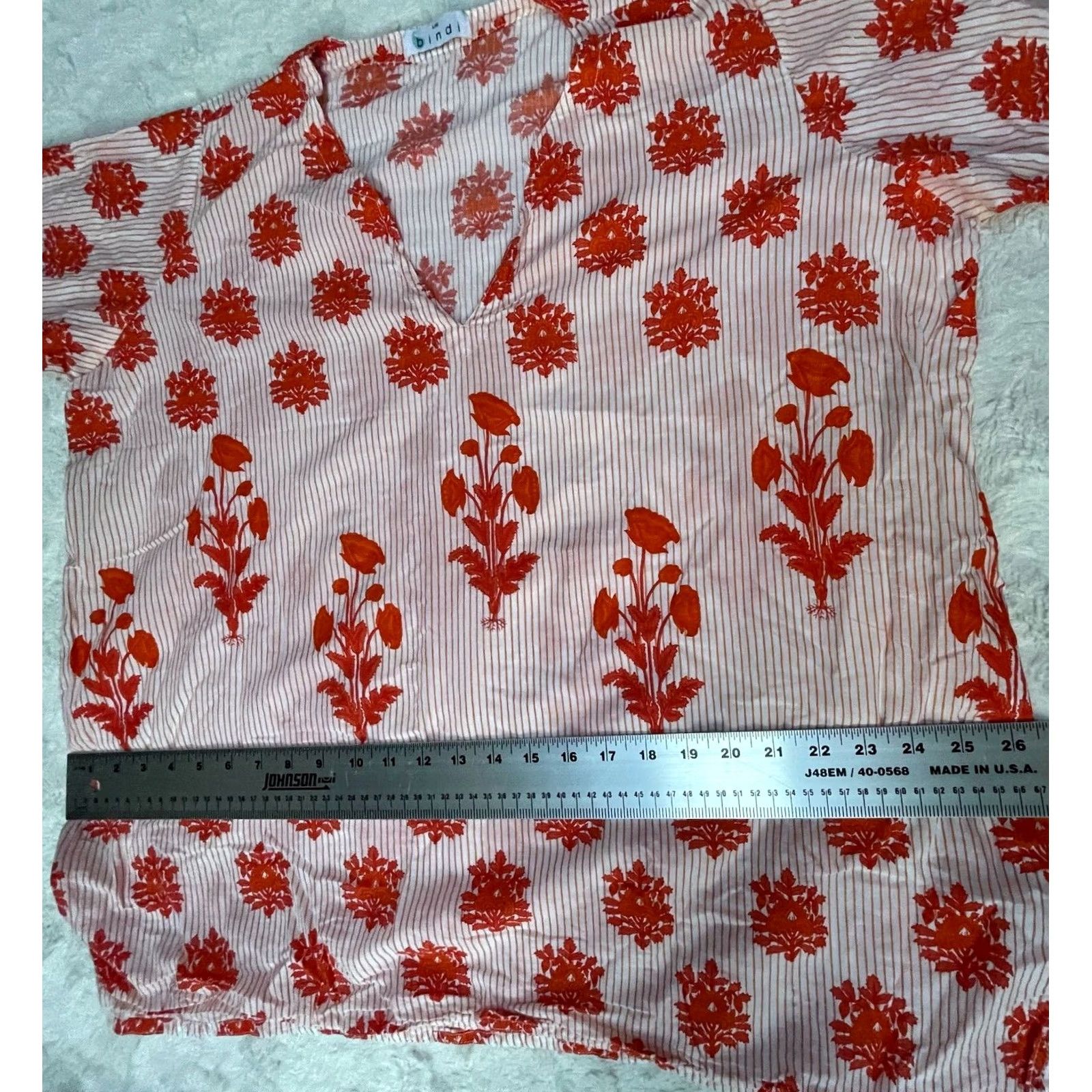 Vintage Bindu Bindi Womens Split Neck 3/4 Sleeve Striped Floral Oversized Shirt White Red Large Size L / US 10 / IT 46 - 8 Thumbnail