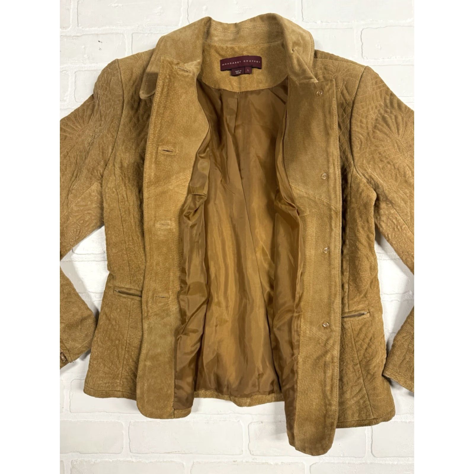 Vintage Margret Godfrey Leather Jacket Women’s L Tan Button Up Embroidered Geometric Jacket Size L / US 10 / IT 46 - 6 Thumbnail