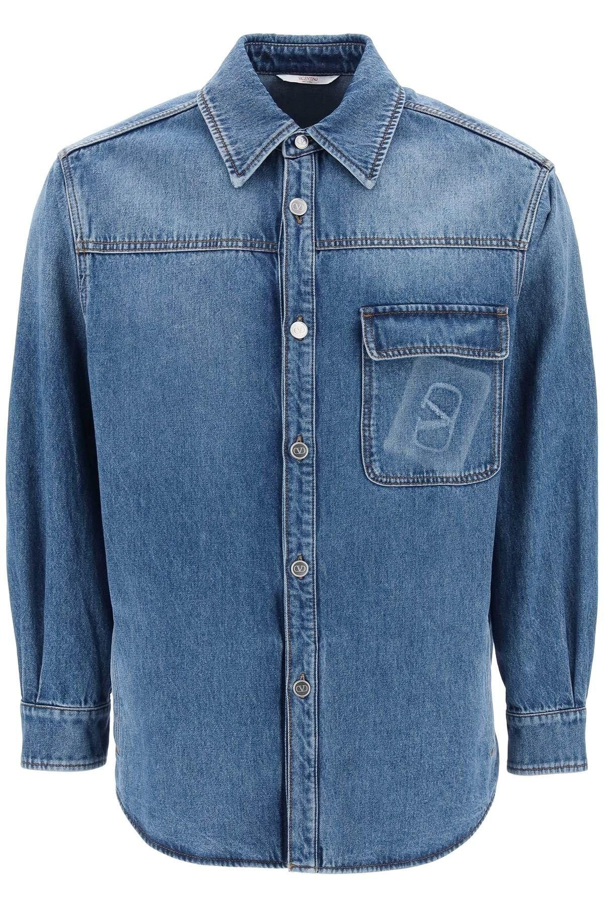 image of Valentino Garavani Denim Overshirt With Stamped Vlogo Signature Size Eu 48 For Men in Blue