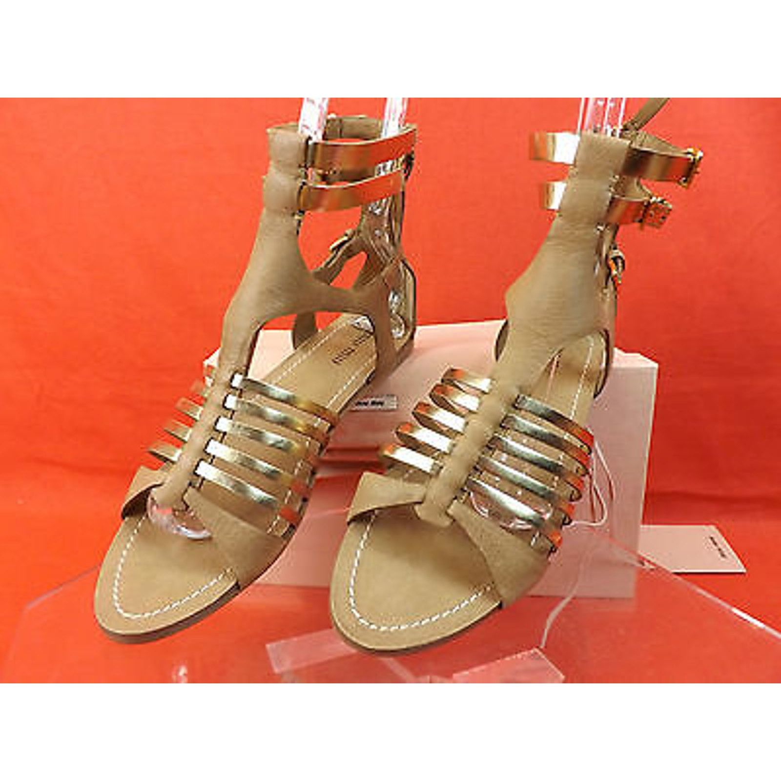 Miu Miu CAMEL GOLD LEATHER BACK ZIP GLADIATOR FLATS SANDALS 35.5 Size US 5.5 / IT 35.5 - 12 Thumbnail