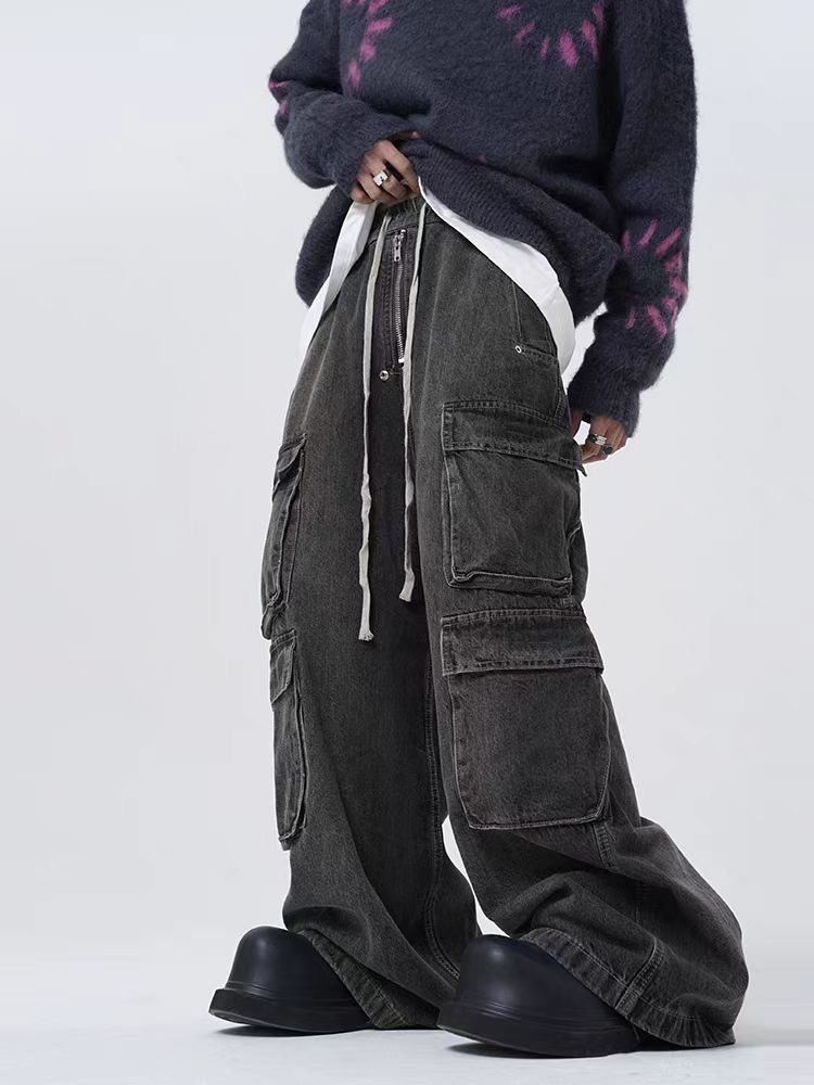Japanese Brand Retro street multi-pocket drawstring straight-leg jeans Size US 34 / EU 50 - 1 Thumbnail