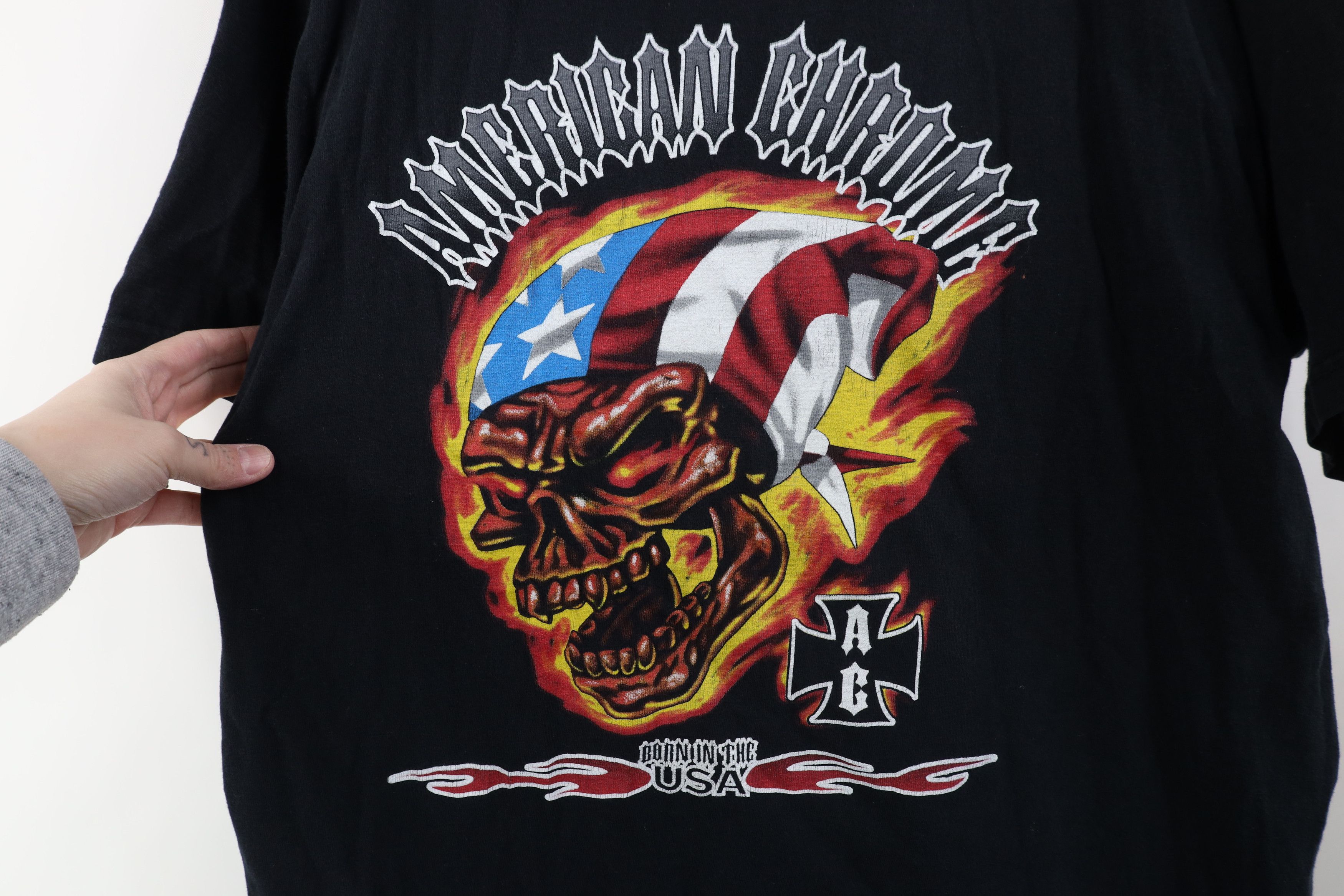 Vintage Vintage 90s Y2K American Flames Skull Motorcycle T-Shirt Size US XL / EU 56 / 4 - 4 Thumbnail
