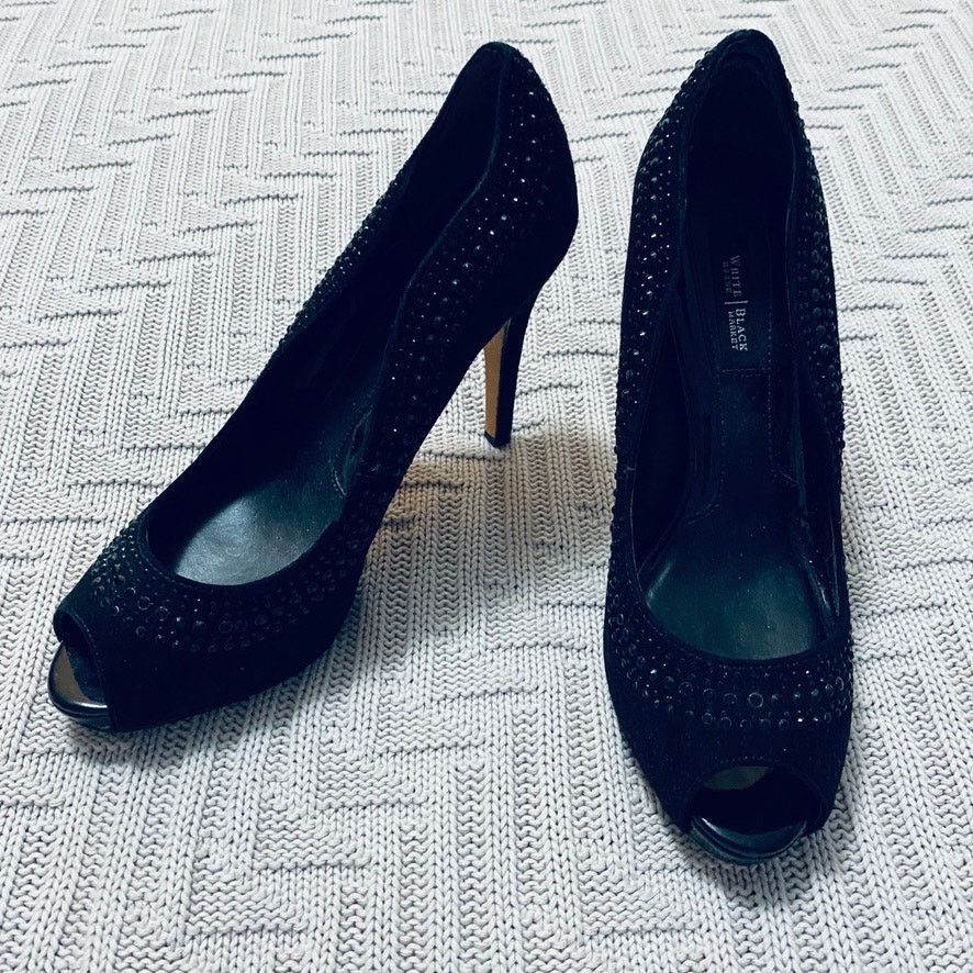 White House Black Market WHBM black suede rhinestone peep toe heels Size US 6.5 / IT 36.5 - 1 Thumbnail