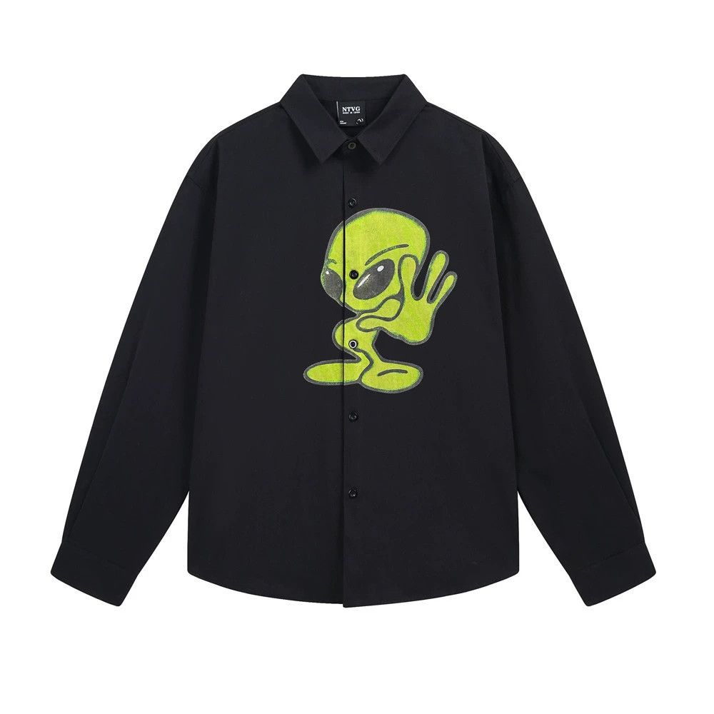 Vintage Men's loose cartoon alien print casual long-sleeved shirt Size US M / EU 48-50 / 2 - 1 Thumbnail
