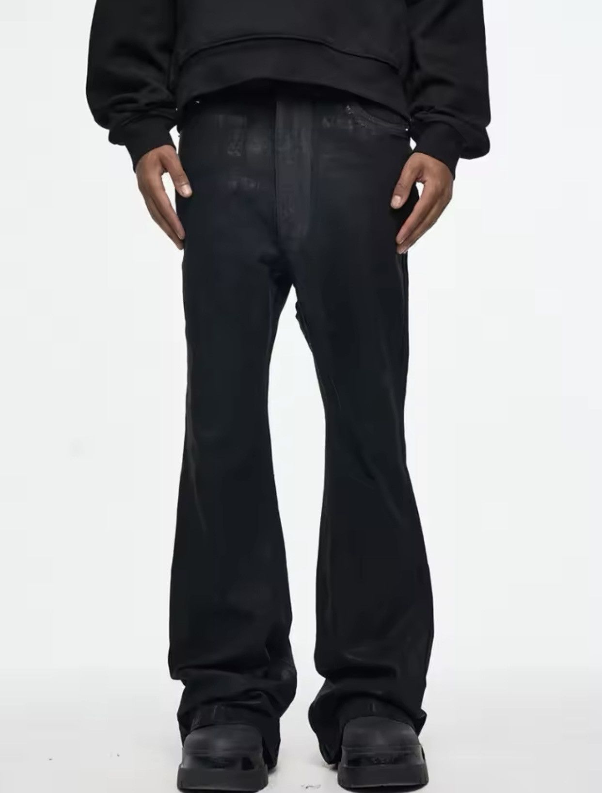 Japanese Brand × Jean Streetwear Wax Leather Stretch Hombre Baggy Flare Pants Size US 30 / EU 46 - 2 Thumbnail